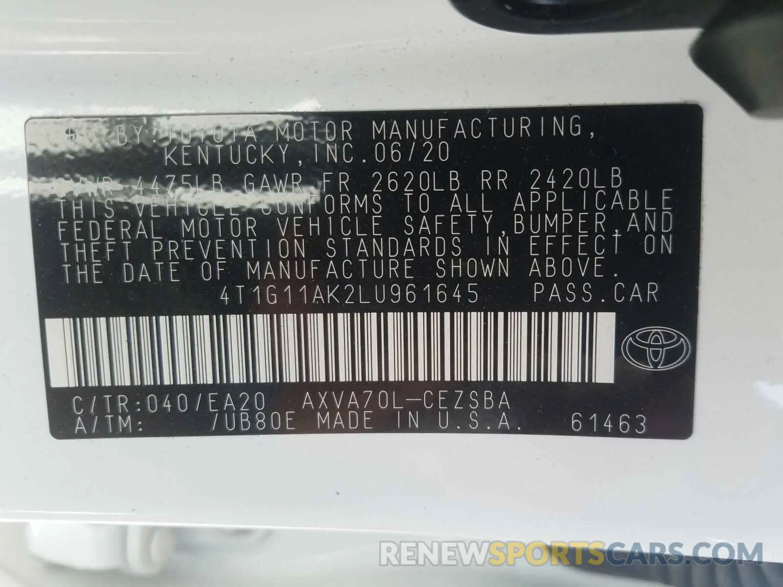 10 Photograph of a damaged car 4T1G11AK2LU961645 TOYOTA CAMRY 2020