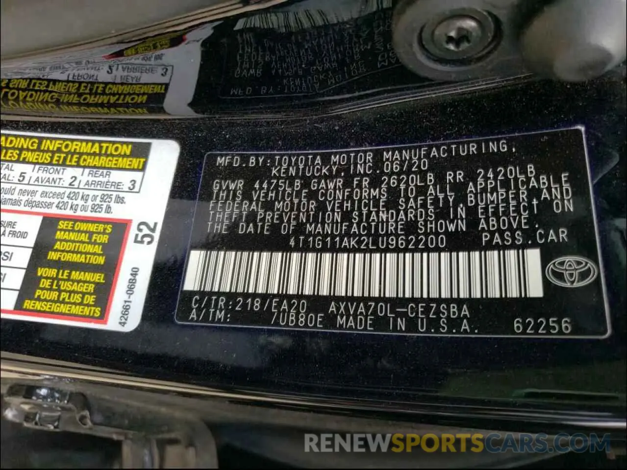 10 Photograph of a damaged car 4T1G11AK2LU962200 TOYOTA CAMRY 2020