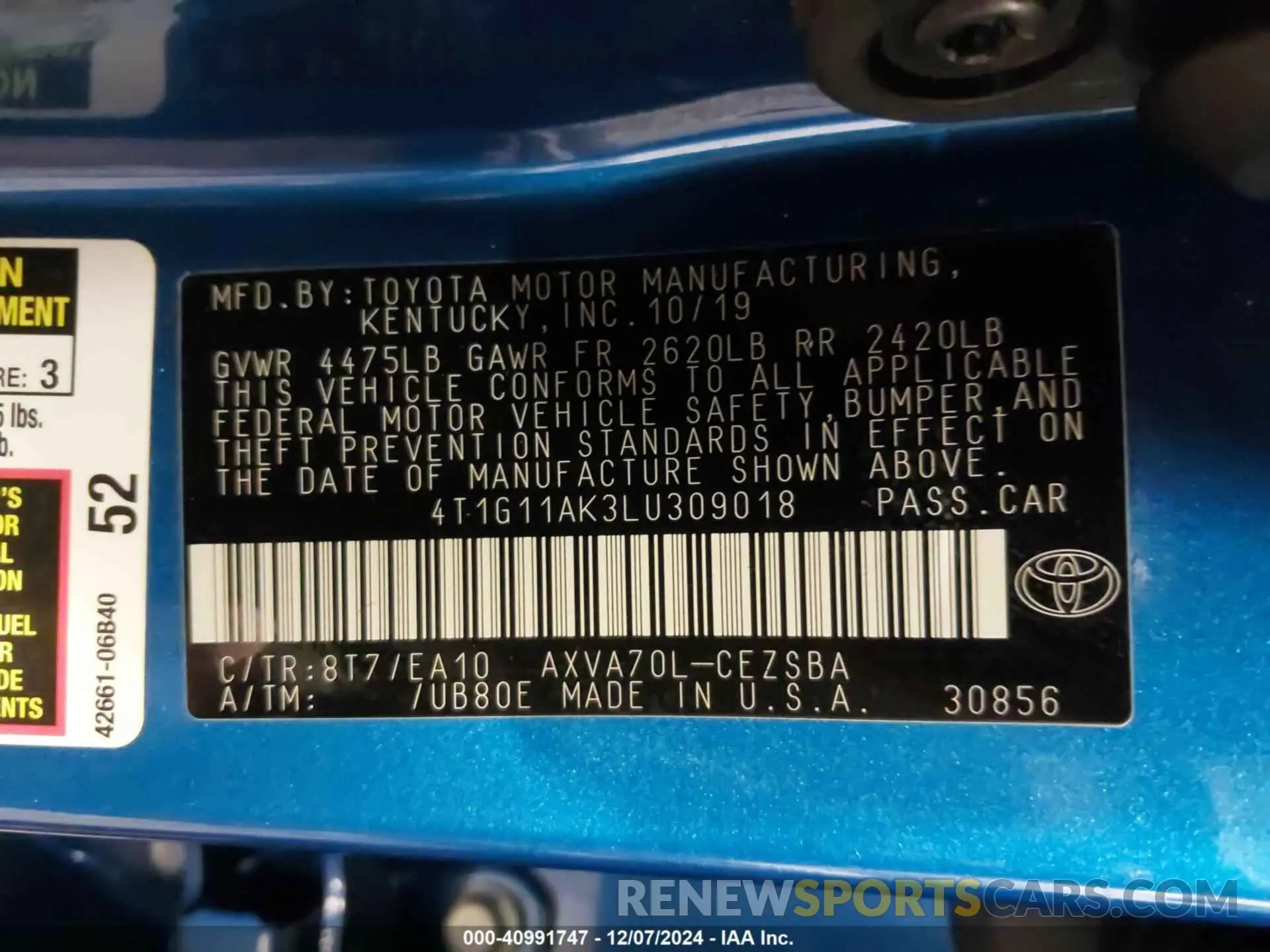 9 Photograph of a damaged car 4T1G11AK3LU309018 TOYOTA CAMRY 2020