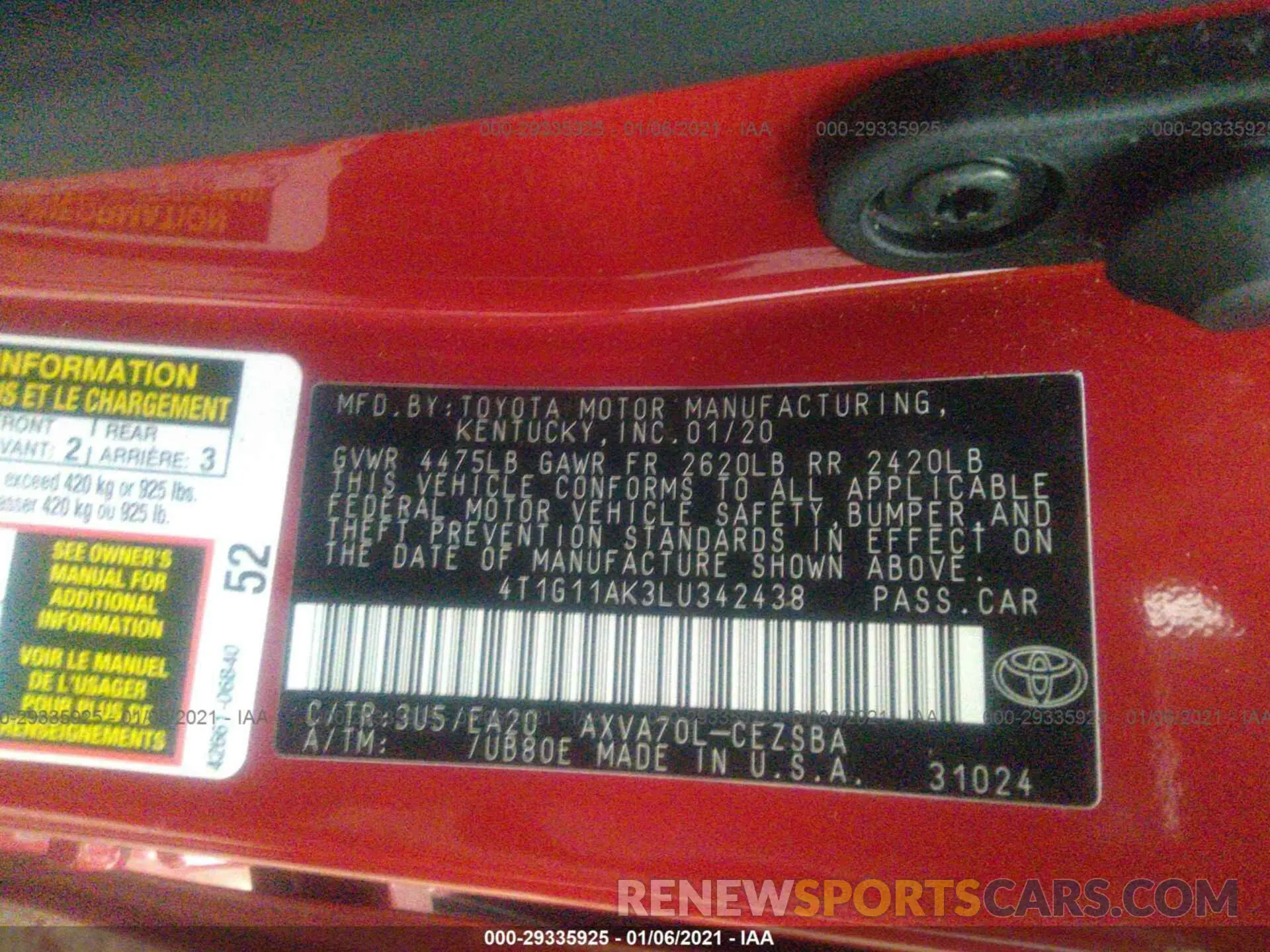 9 Photograph of a damaged car 4T1G11AK3LU342438 TOYOTA CAMRY 2020