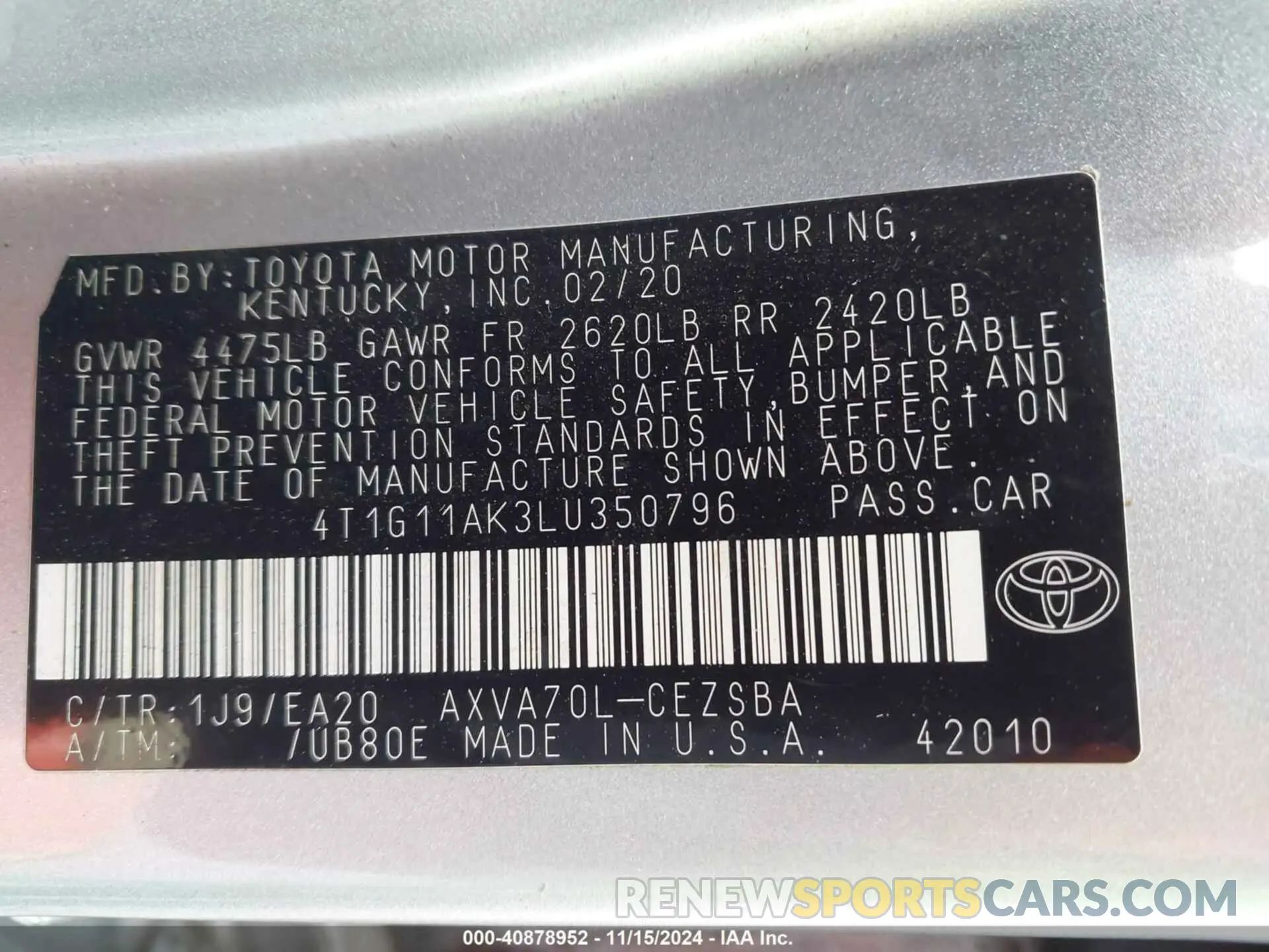 9 Photograph of a damaged car 4T1G11AK3LU350796 TOYOTA CAMRY 2020