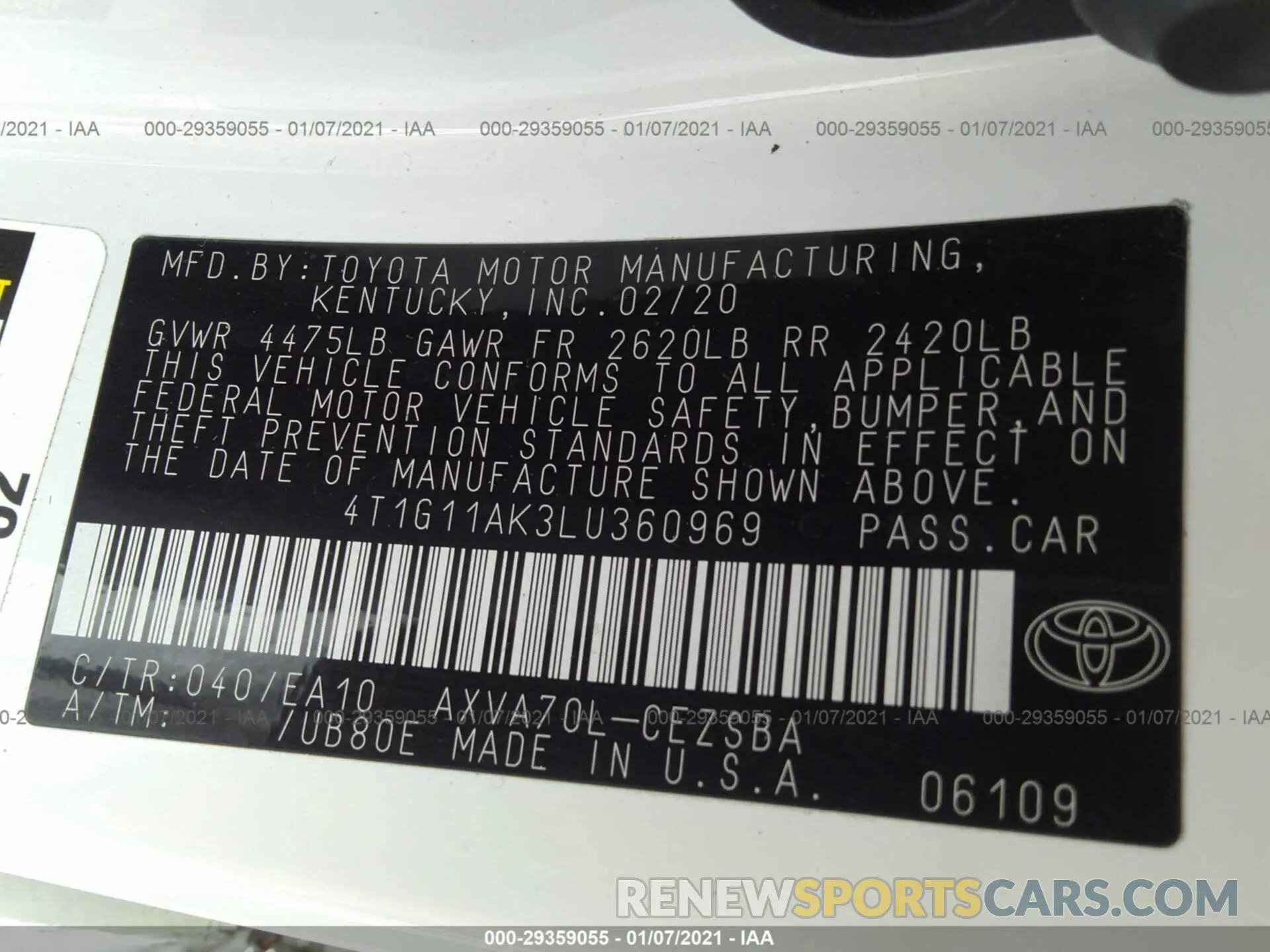 9 Photograph of a damaged car 4T1G11AK3LU360969 TOYOTA CAMRY 2020