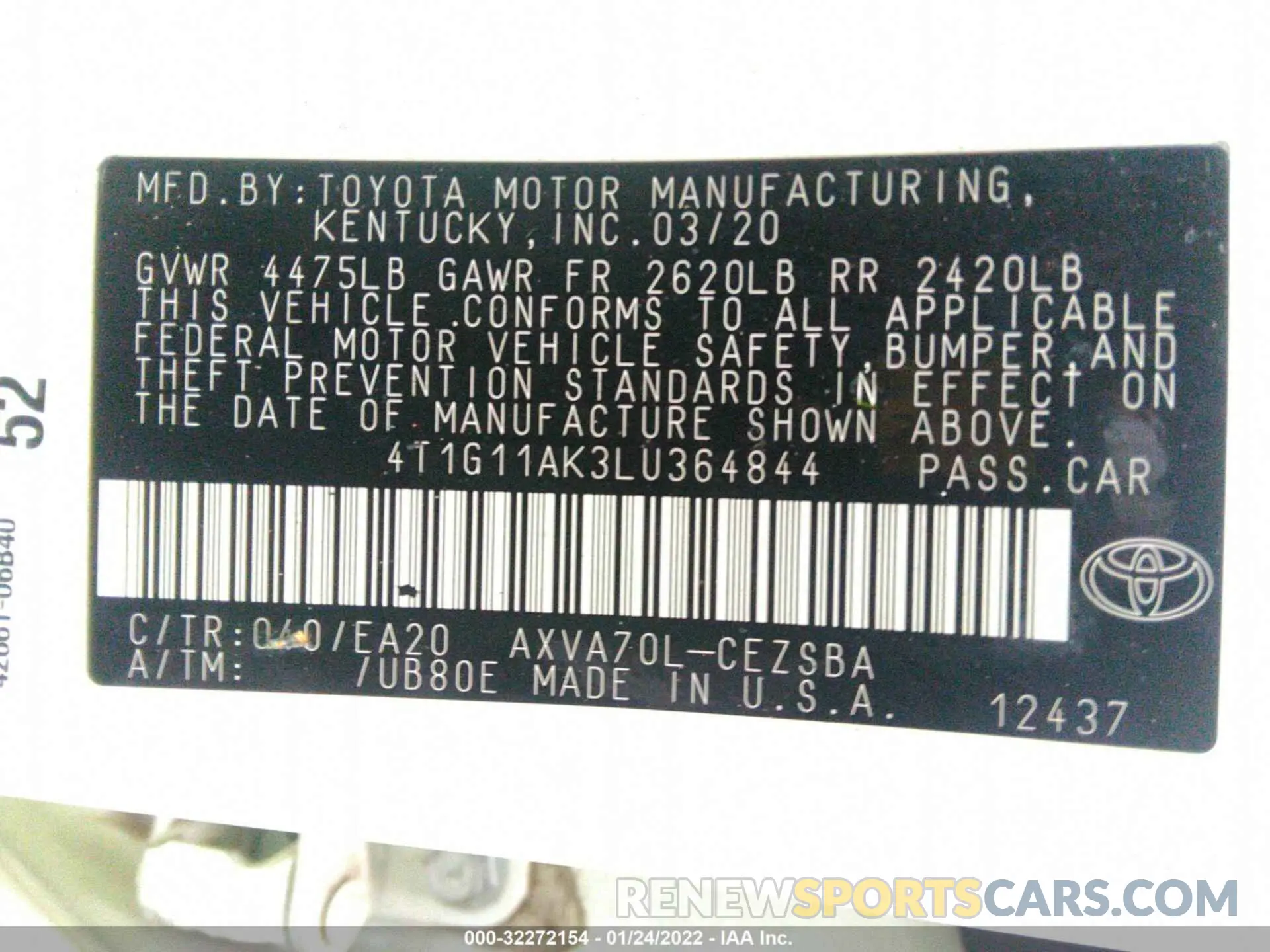 9 Photograph of a damaged car 4T1G11AK3LU364844 TOYOTA CAMRY 2020