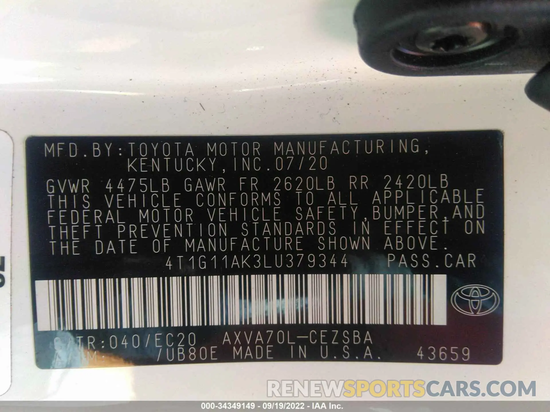 9 Фотография поврежденного автомобиля 4T1G11AK3LU379344 TOYOTA CAMRY 2020