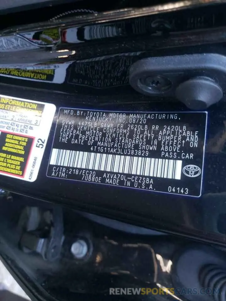 10 Photograph of a damaged car 4T1G11AK3LU383829 TOYOTA CAMRY 2020