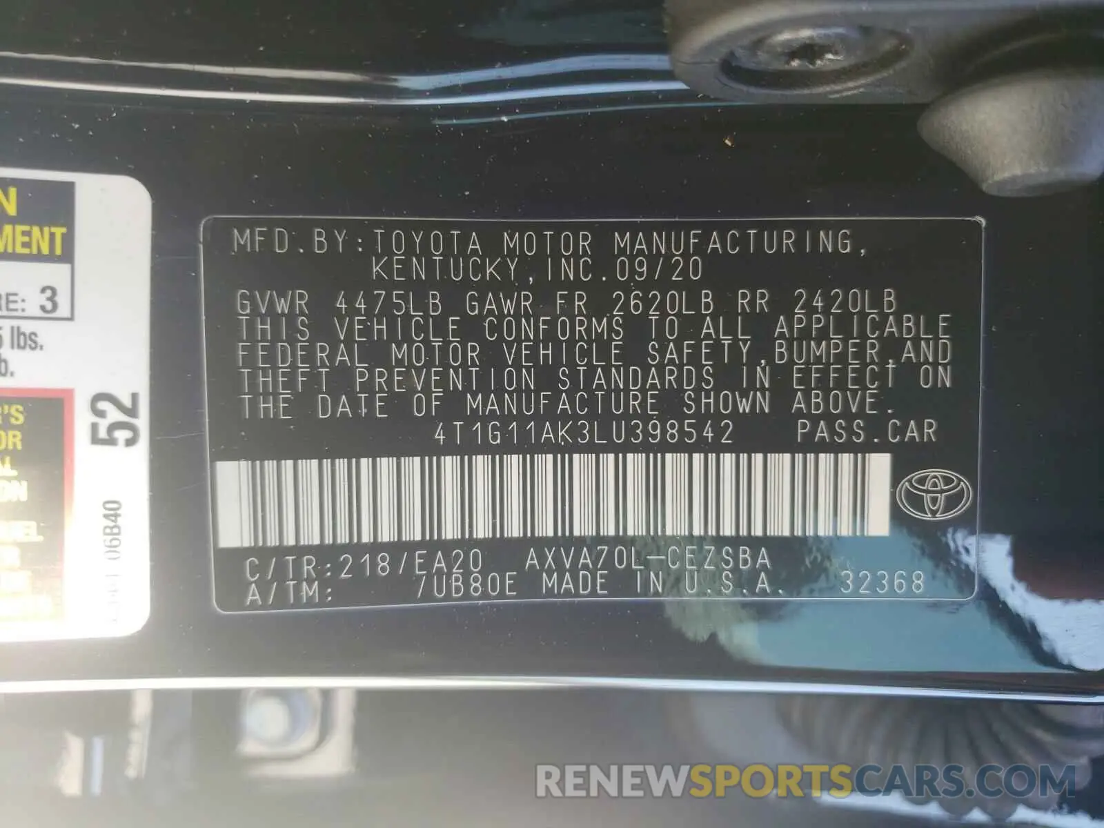 10 Photograph of a damaged car 4T1G11AK3LU398542 TOYOTA CAMRY 2020