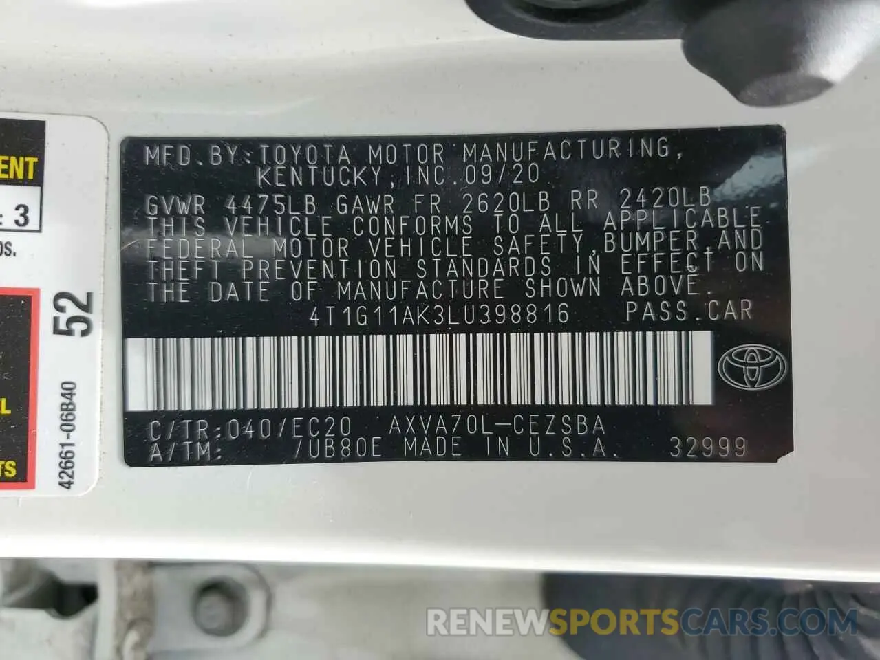 12 Фотография поврежденного автомобиля 4T1G11AK3LU398816 TOYOTA CAMRY 2020