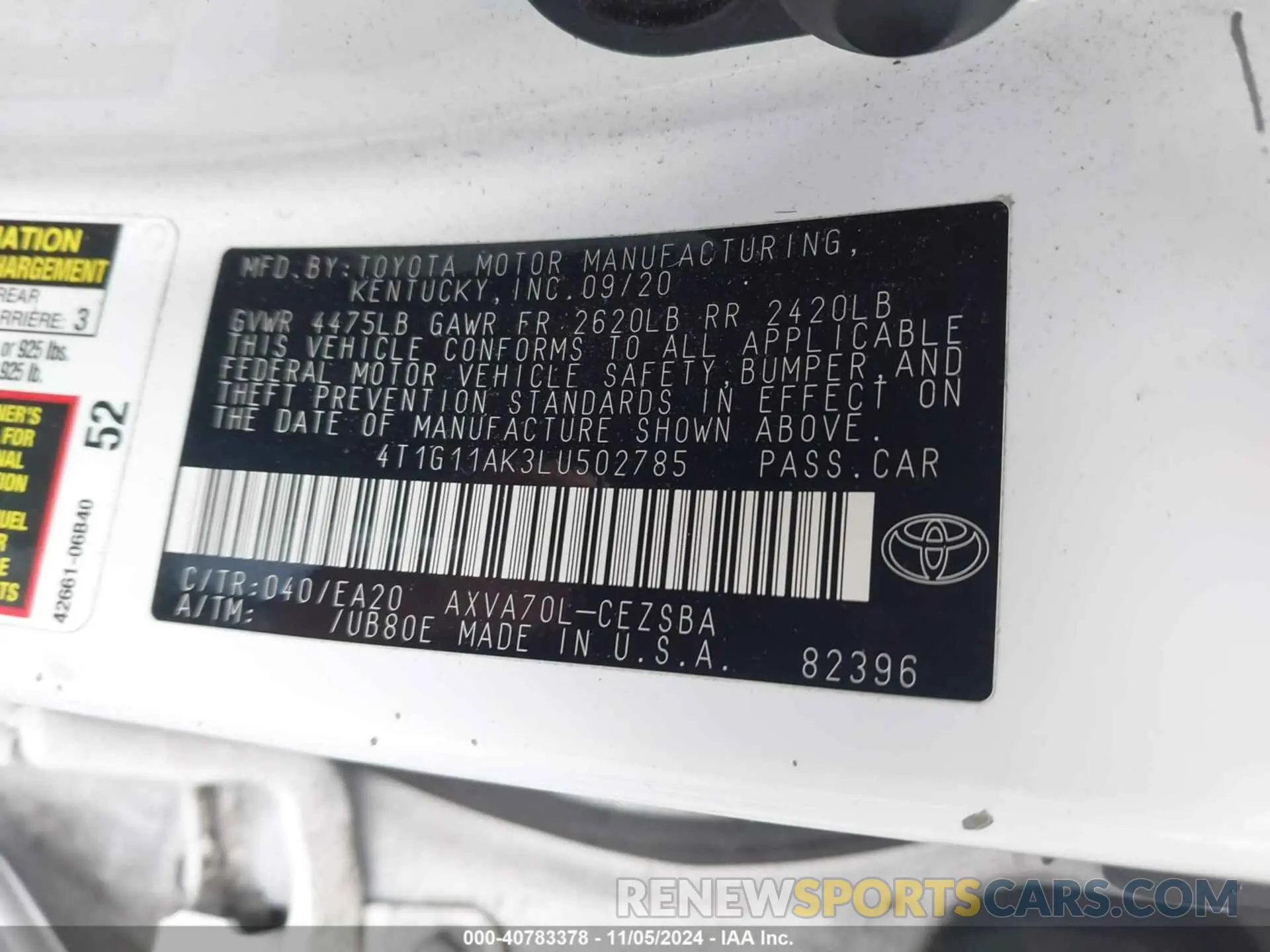 9 Фотография поврежденного автомобиля 4T1G11AK3LU502785 TOYOTA CAMRY 2020