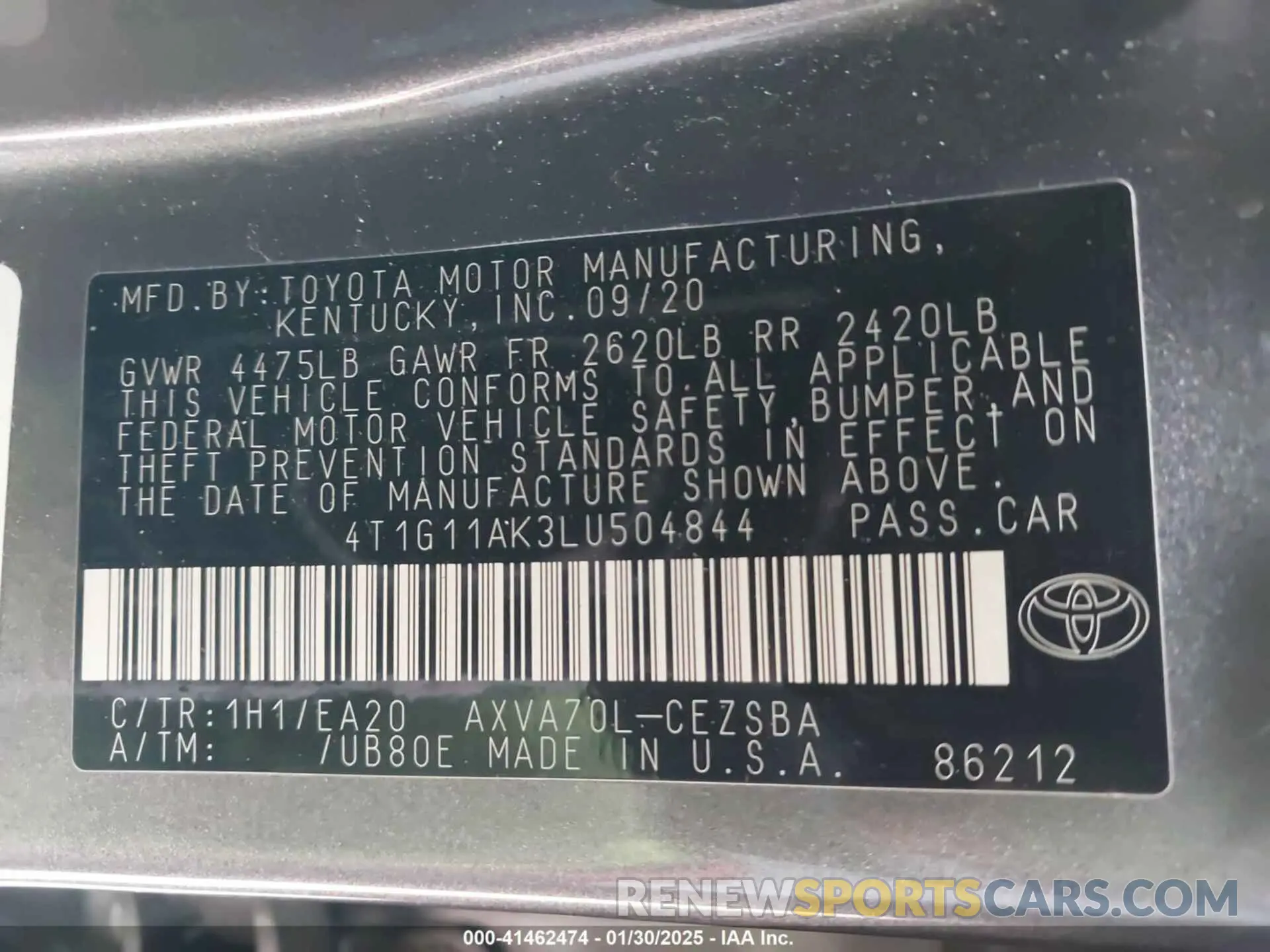 9 Фотография поврежденного автомобиля 4T1G11AK3LU504844 TOYOTA CAMRY 2020