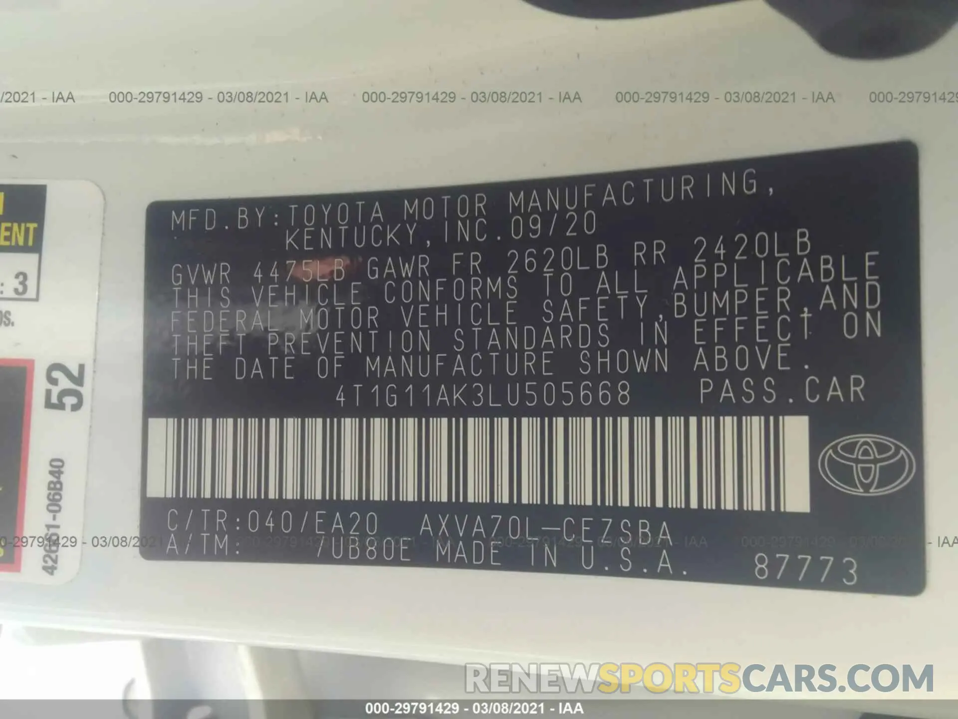 9 Photograph of a damaged car 4T1G11AK3LU505668 TOYOTA CAMRY 2020