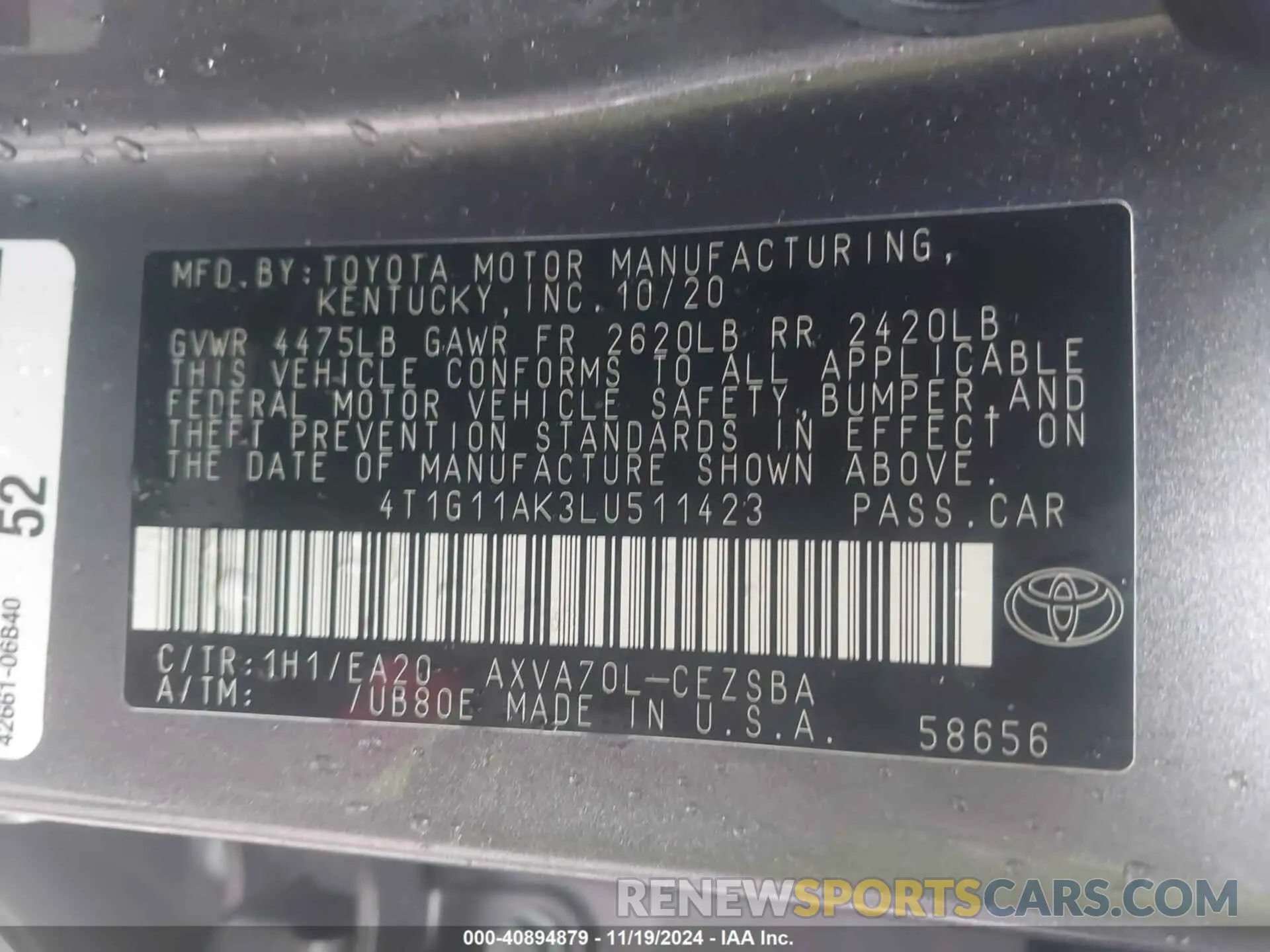 9 Фотография поврежденного автомобиля 4T1G11AK3LU511423 TOYOTA CAMRY 2020