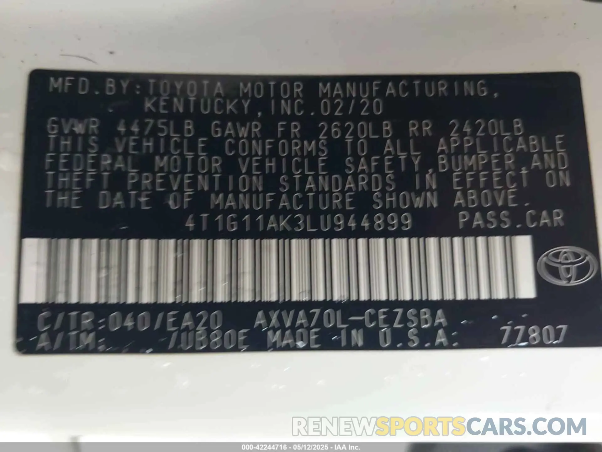 9 Photograph of a damaged car 4T1G11AK3LU944899 TOYOTA CAMRY 2020