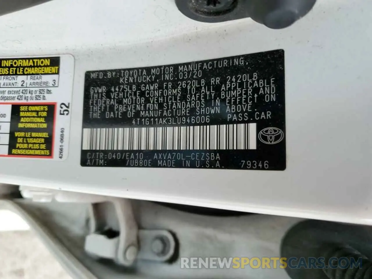 13 Фотография поврежденного автомобиля 4T1G11AK3LU946006 TOYOTA CAMRY 2020