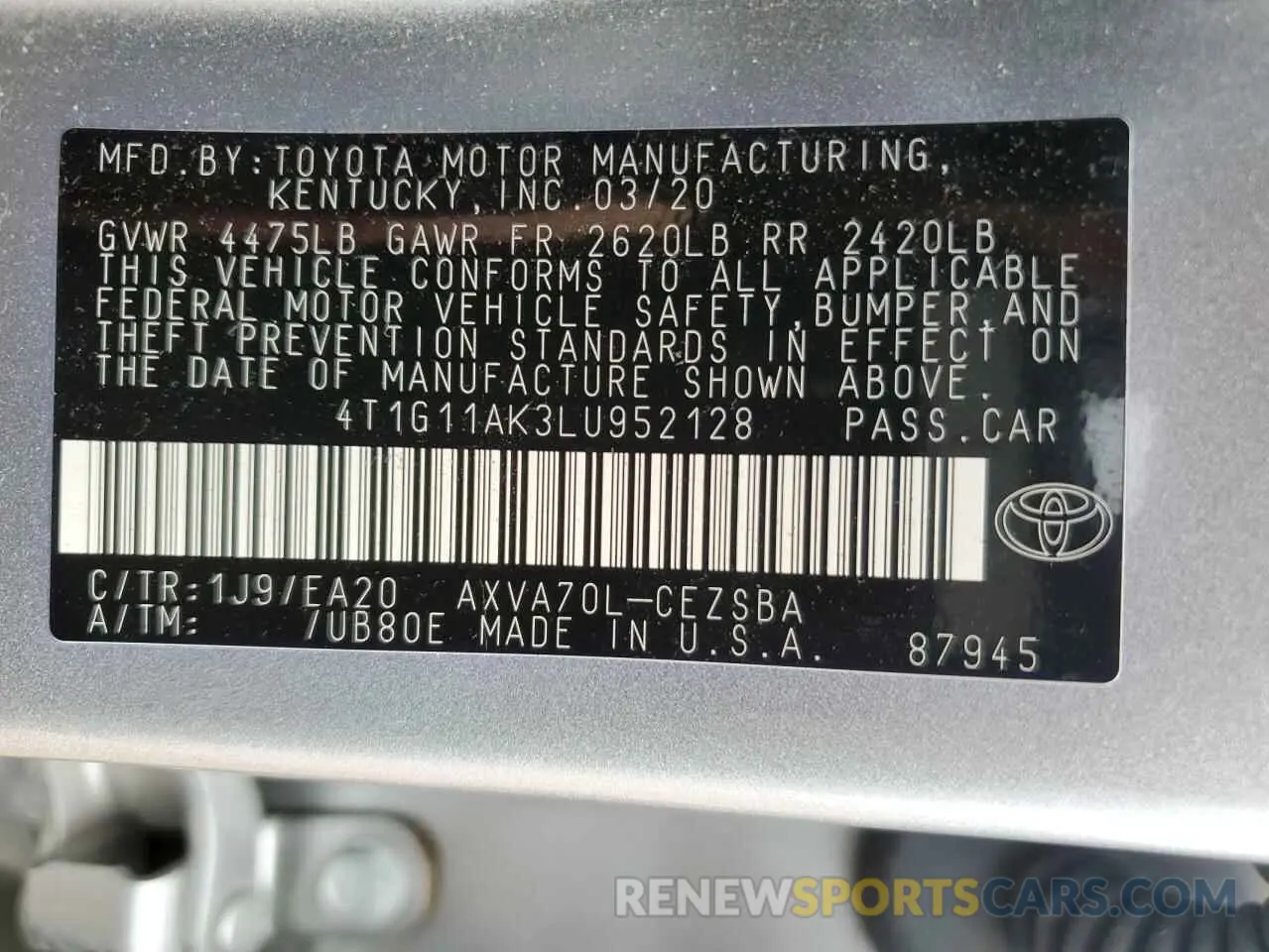 10 Photograph of a damaged car 4T1G11AK3LU952128 TOYOTA CAMRY 2020