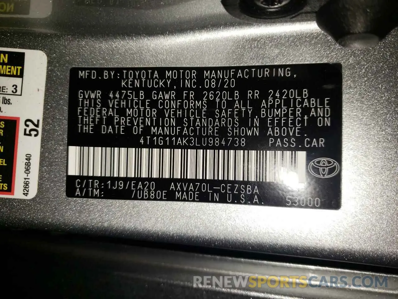 10 Photograph of a damaged car 4T1G11AK3LU984738 TOYOTA CAMRY 2020