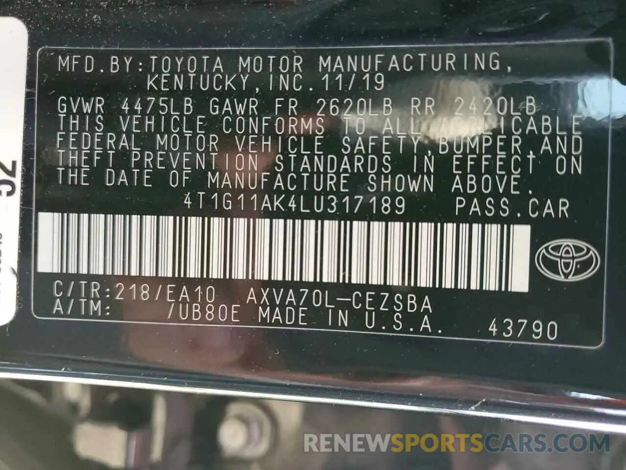 12 Фотография поврежденного автомобиля 4T1G11AK4LU317189 TOYOTA CAMRY 2020