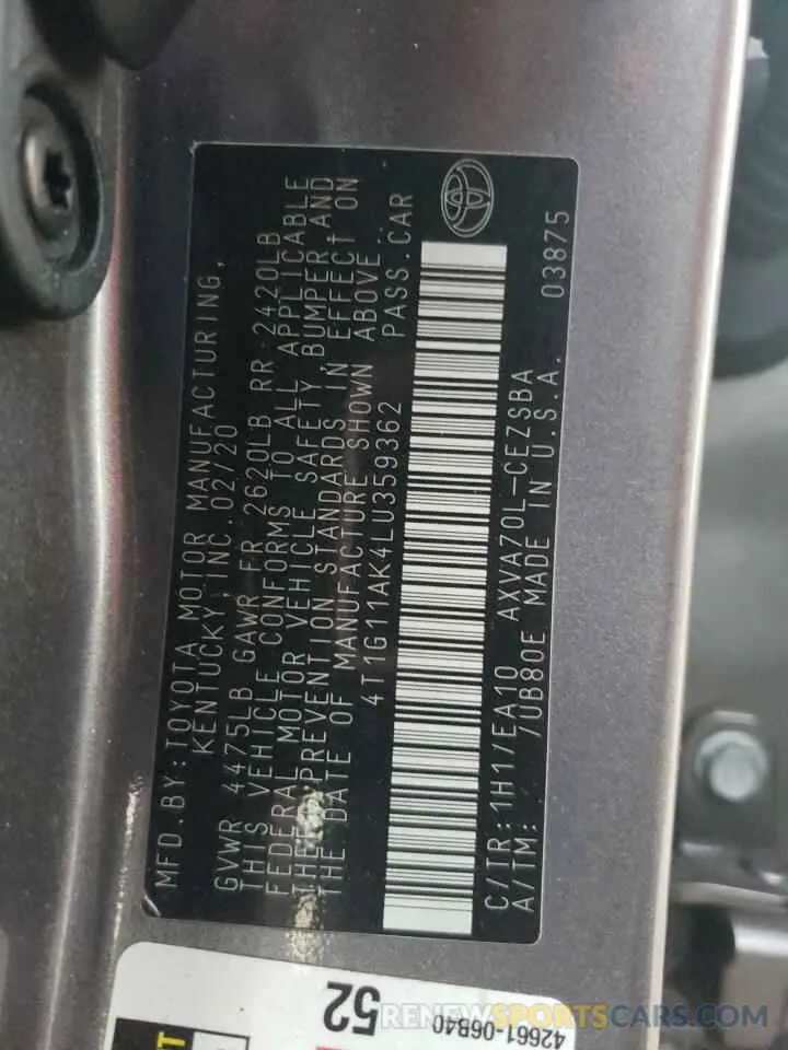 13 Photograph of a damaged car 4T1G11AK4LU359362 TOYOTA CAMRY 2020