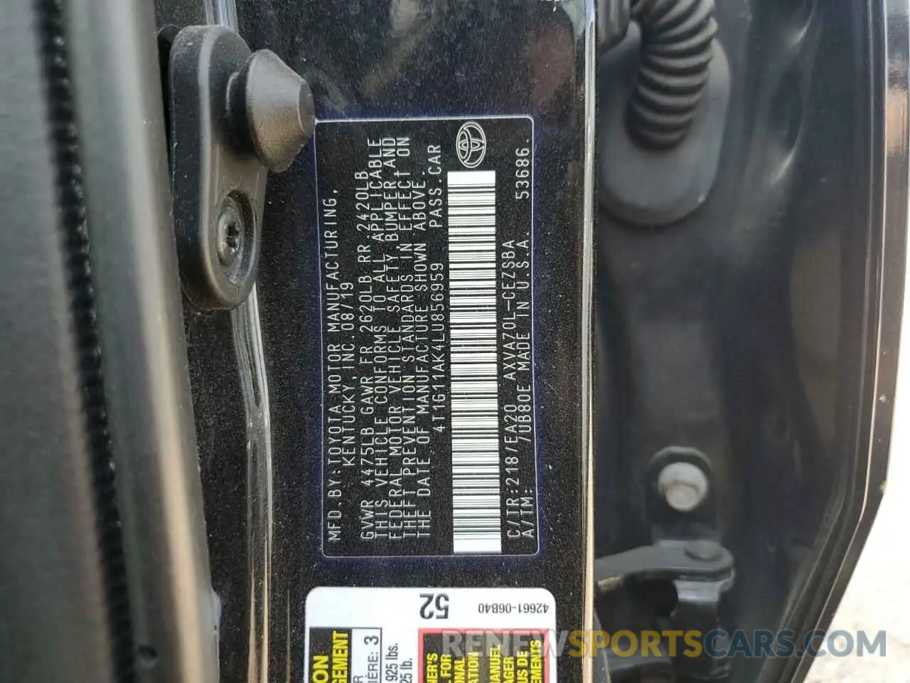 12 Фотография поврежденного автомобиля 4T1G11AK4LU856959 TOYOTA CAMRY 2020