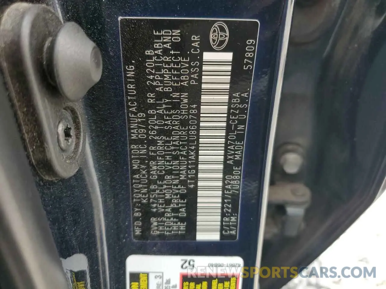12 Фотография поврежденного автомобиля 4T1G11AK4LU860784 TOYOTA CAMRY 2020
