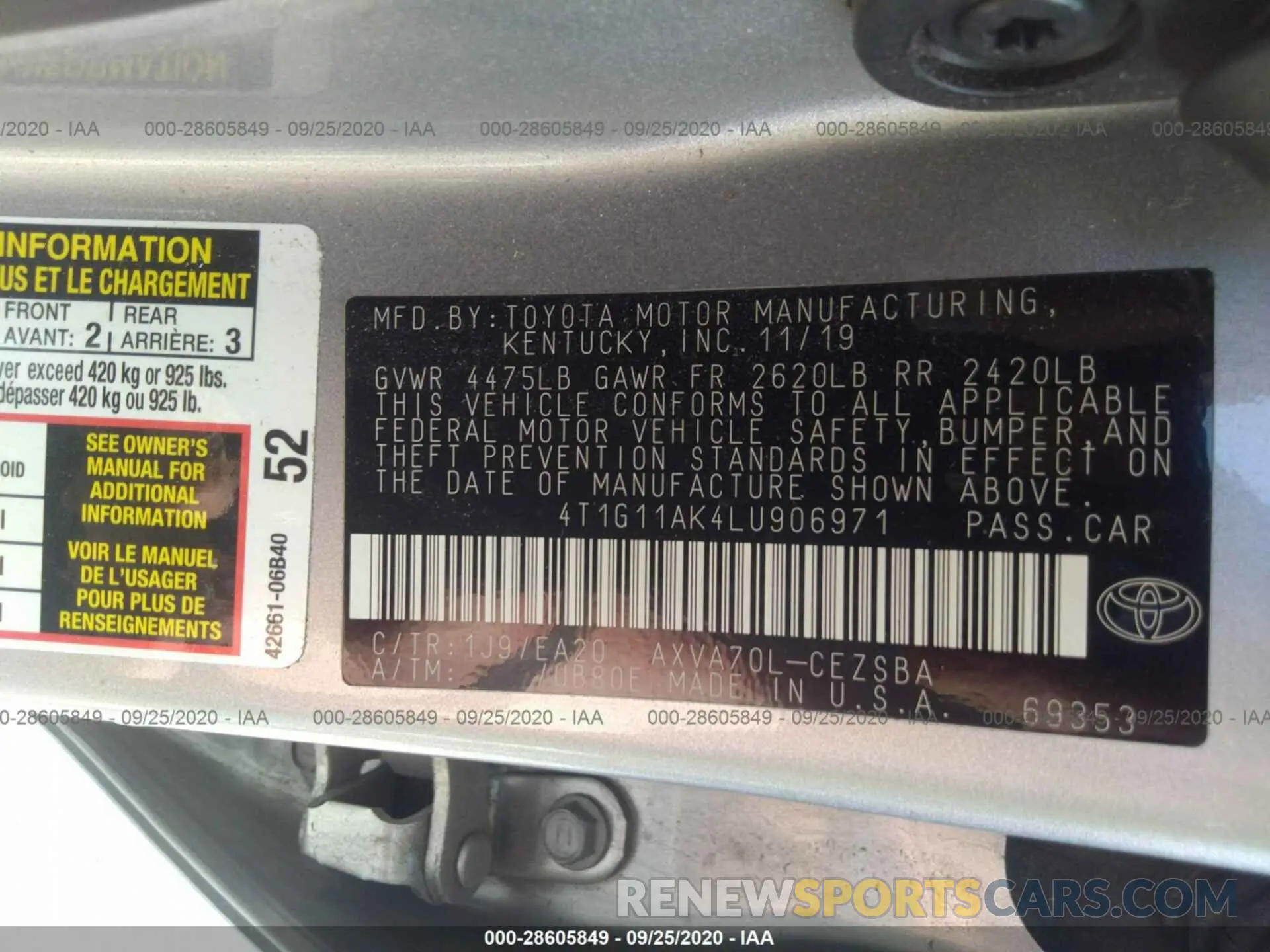 9 Photograph of a damaged car 4T1G11AK4LU906971 TOYOTA CAMRY 2020
