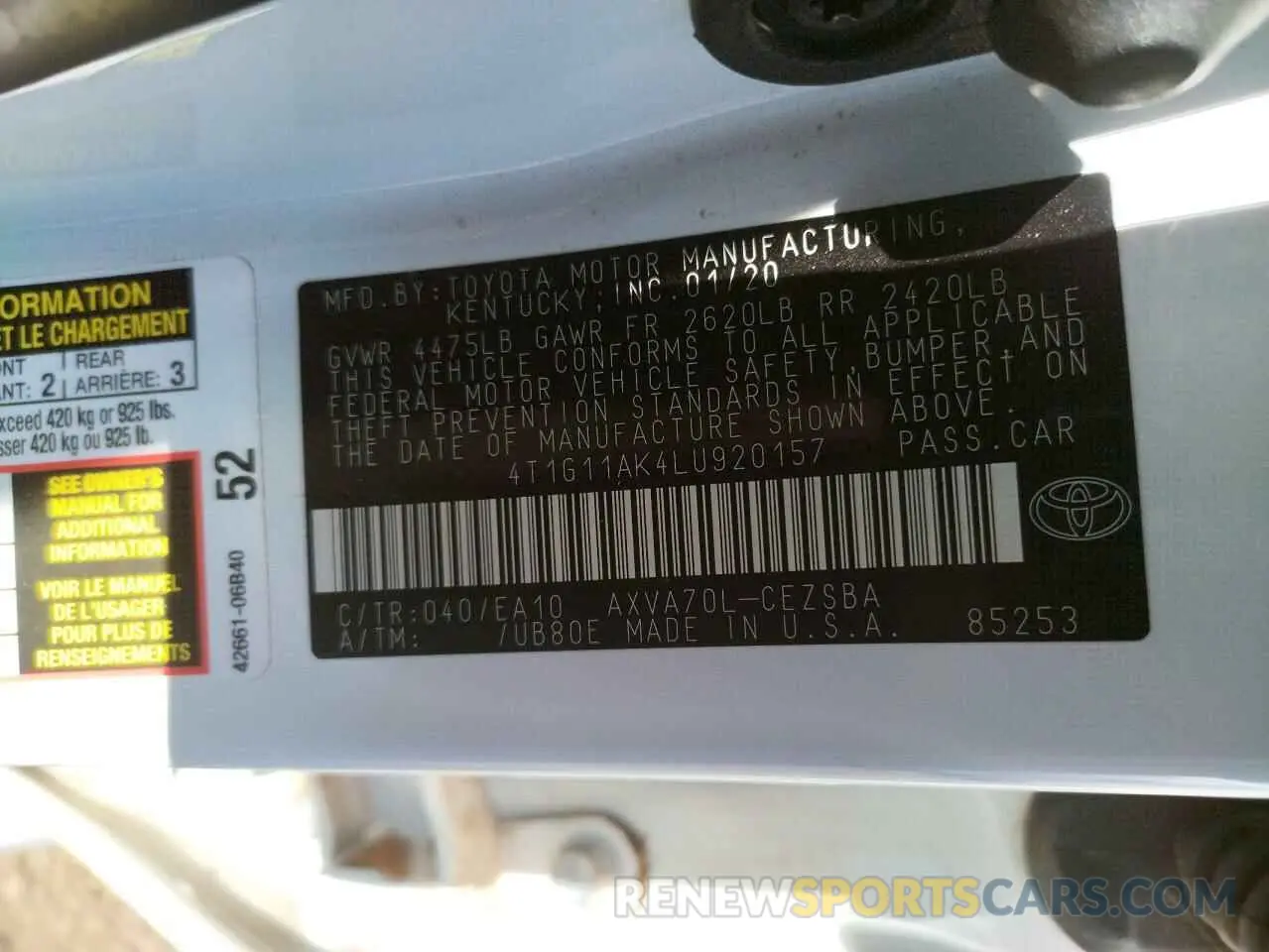 10 Photograph of a damaged car 4T1G11AK4LU920157 TOYOTA CAMRY 2020