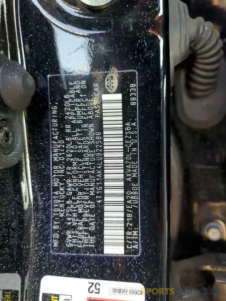 13 Фотография поврежденного автомобиля 4T1G11AK4LU922586 TOYOTA CAMRY 2020