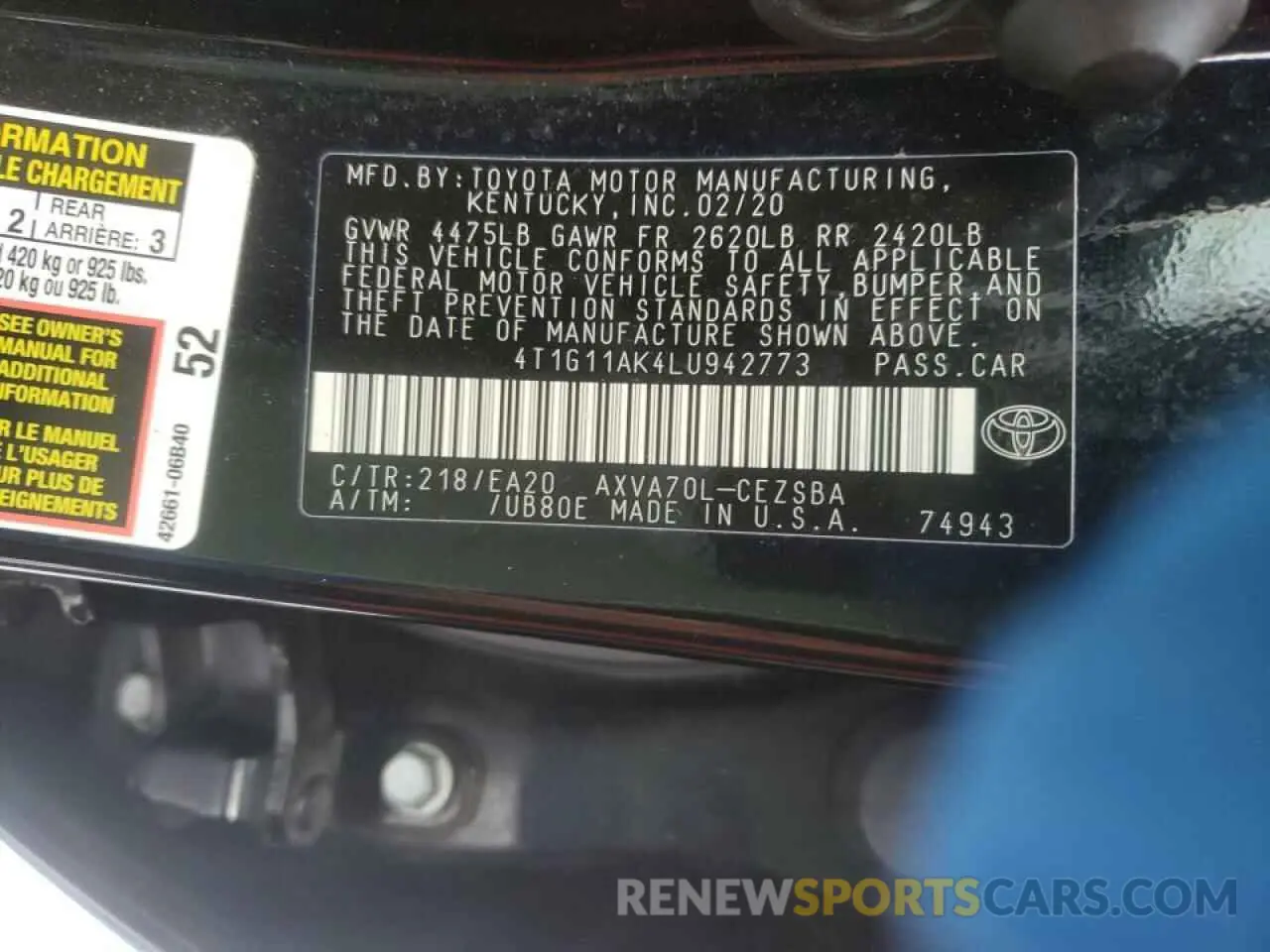 10 Photograph of a damaged car 4T1G11AK4LU942773 TOYOTA CAMRY 2020