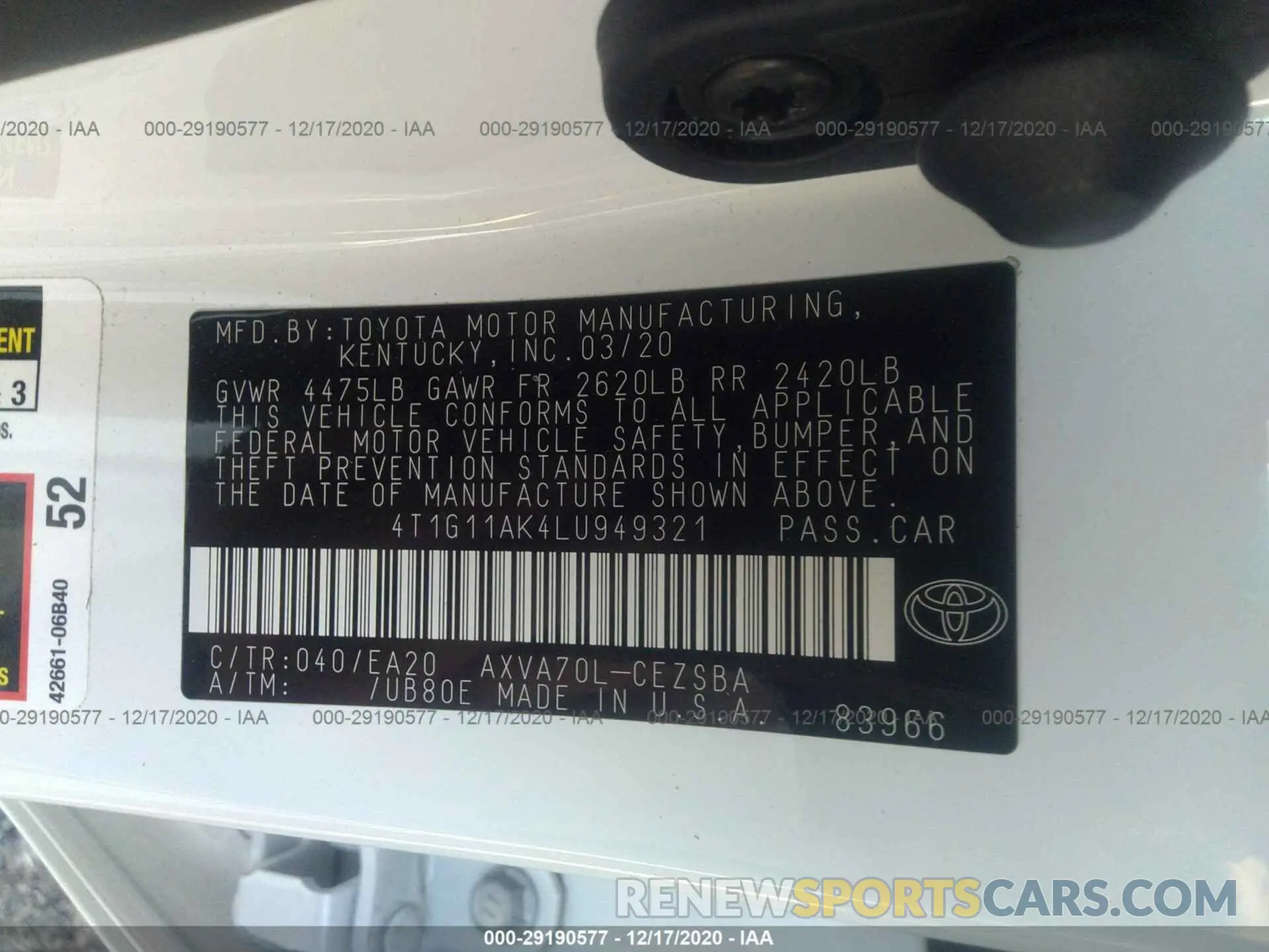 9 Photograph of a damaged car 4T1G11AK4LU949321 TOYOTA CAMRY 2020