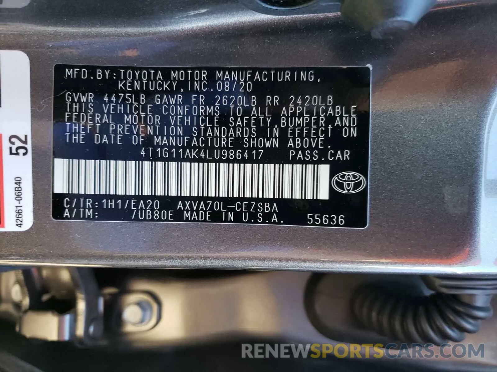 10 Photograph of a damaged car 4T1G11AK4LU986417 TOYOTA CAMRY 2020