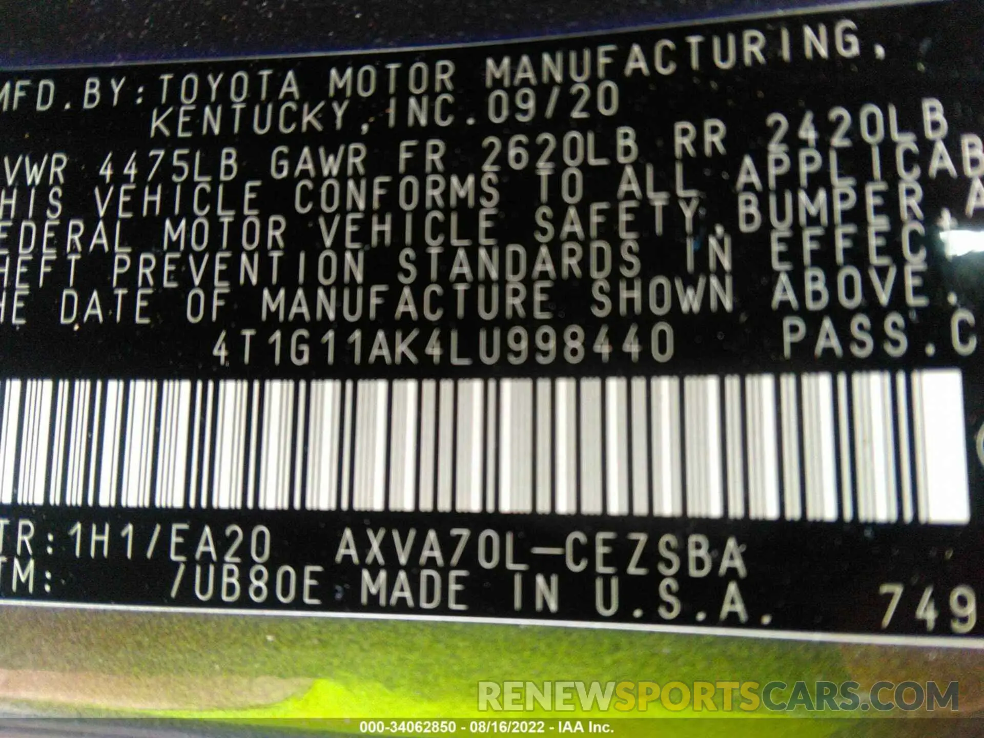 9 Фотография поврежденного автомобиля 4T1G11AK4LU998440 TOYOTA CAMRY 2020