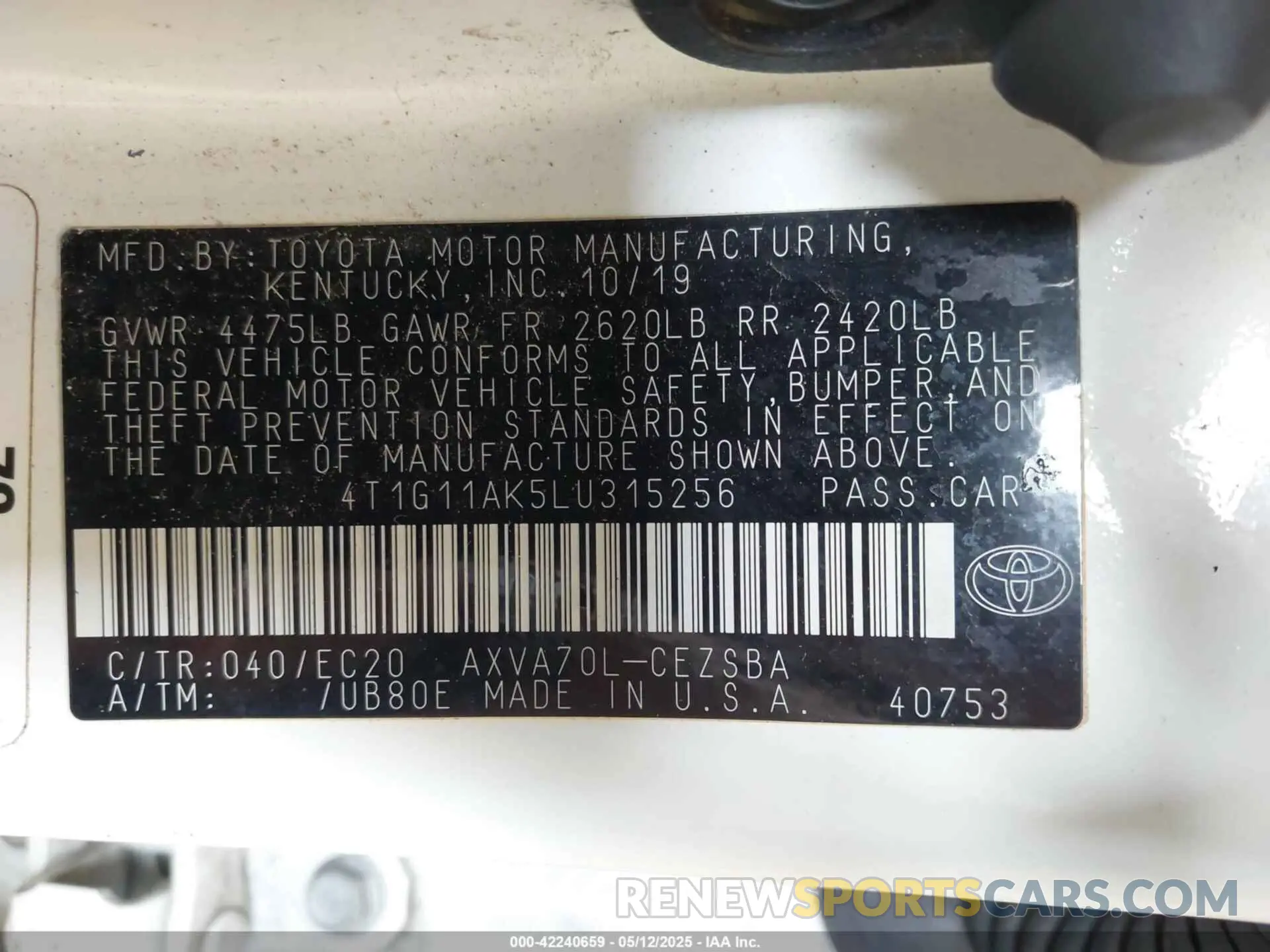 9 Фотография поврежденного автомобиля 4T1G11AK5LU315256 TOYOTA CAMRY 2020