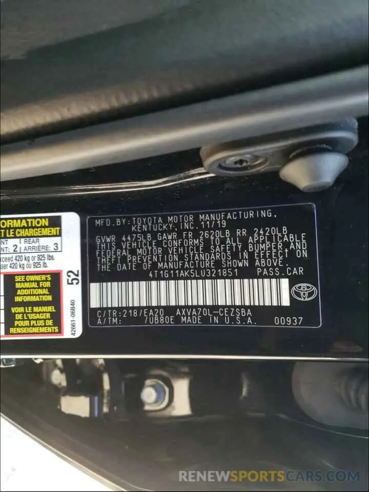 10 Photograph of a damaged car 4T1G11AK5LU321851 TOYOTA CAMRY 2020