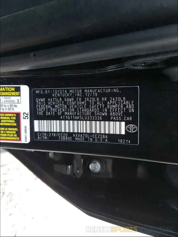 10 Photograph of a damaged car 4T1G11AK5LU333336 TOYOTA CAMRY 2020