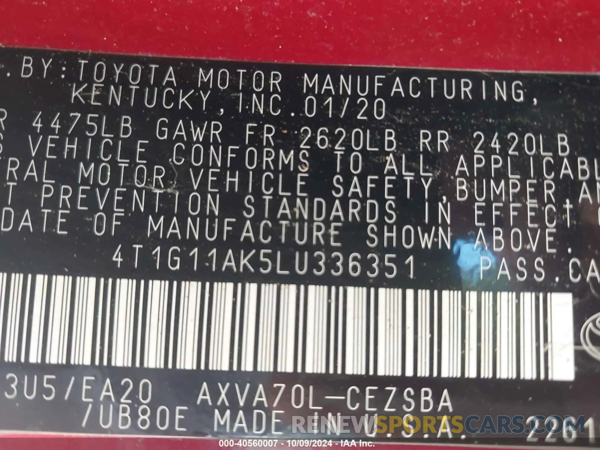 9 Фотография поврежденного автомобиля 4T1G11AK5LU336351 TOYOTA CAMRY 2020
