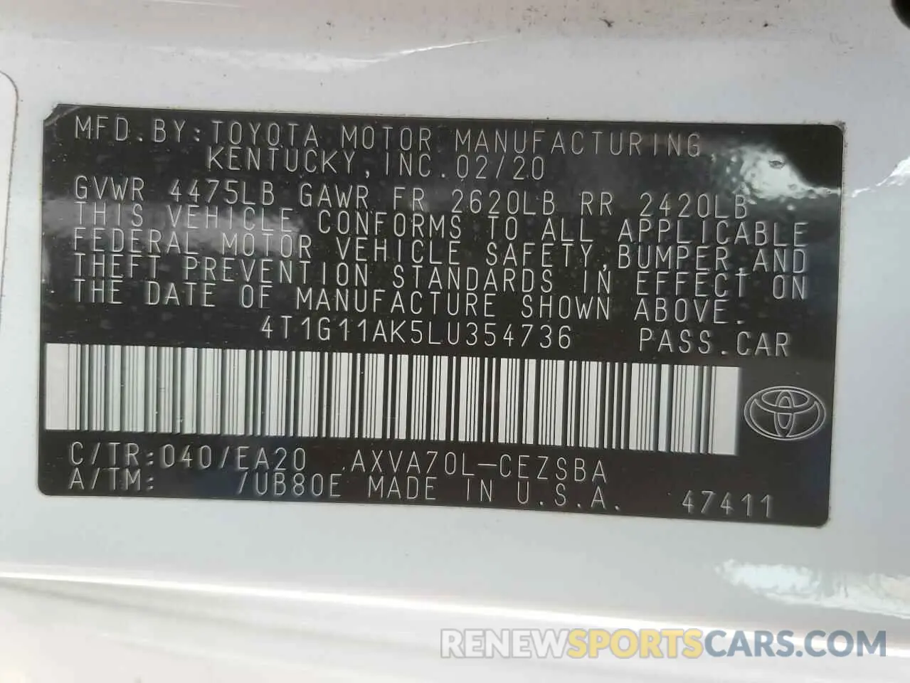 12 Photograph of a damaged car 4T1G11AK5LU354736 TOYOTA CAMRY 2020
