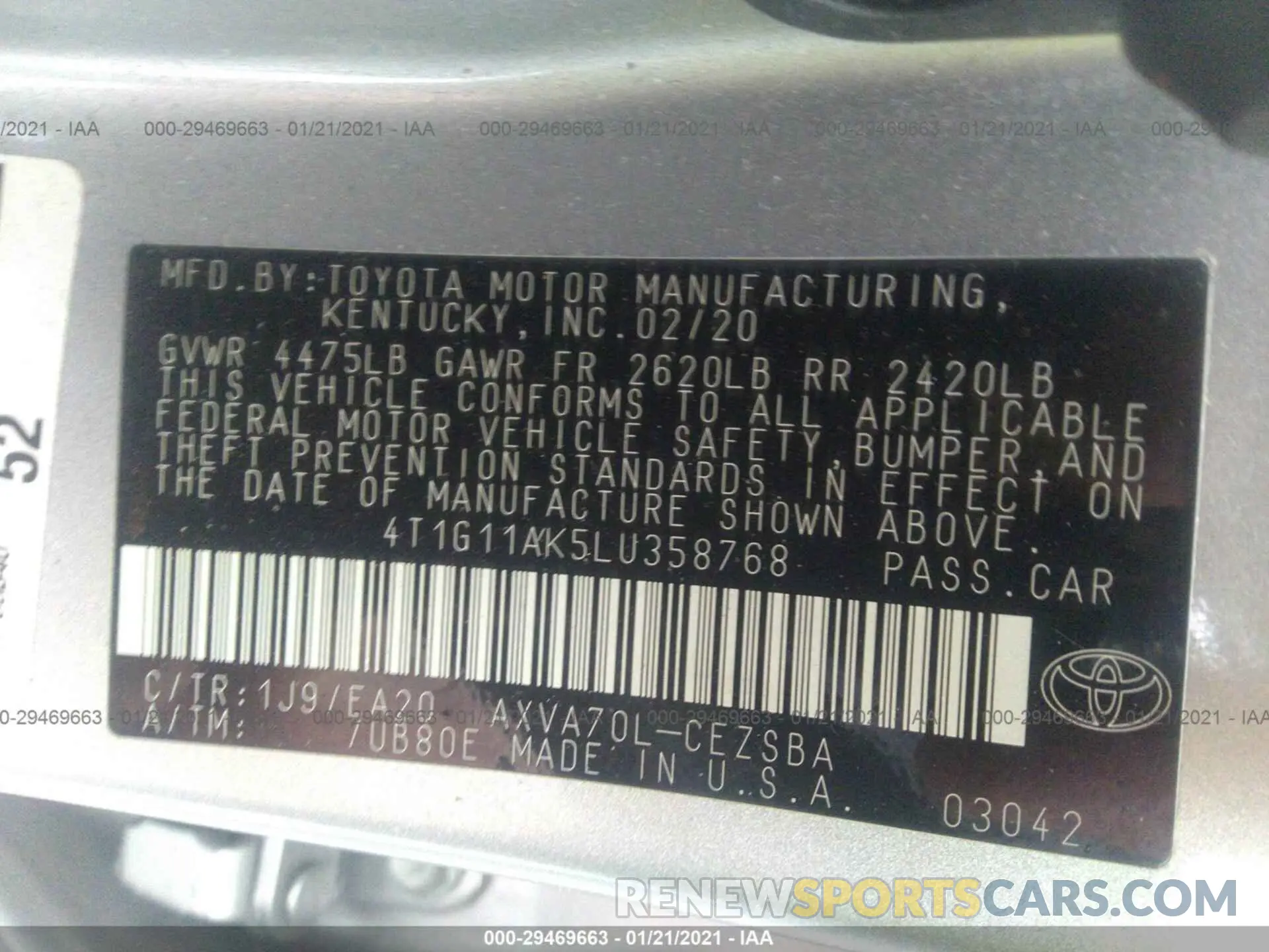 9 Photograph of a damaged car 4T1G11AK5LU358768 TOYOTA CAMRY 2020
