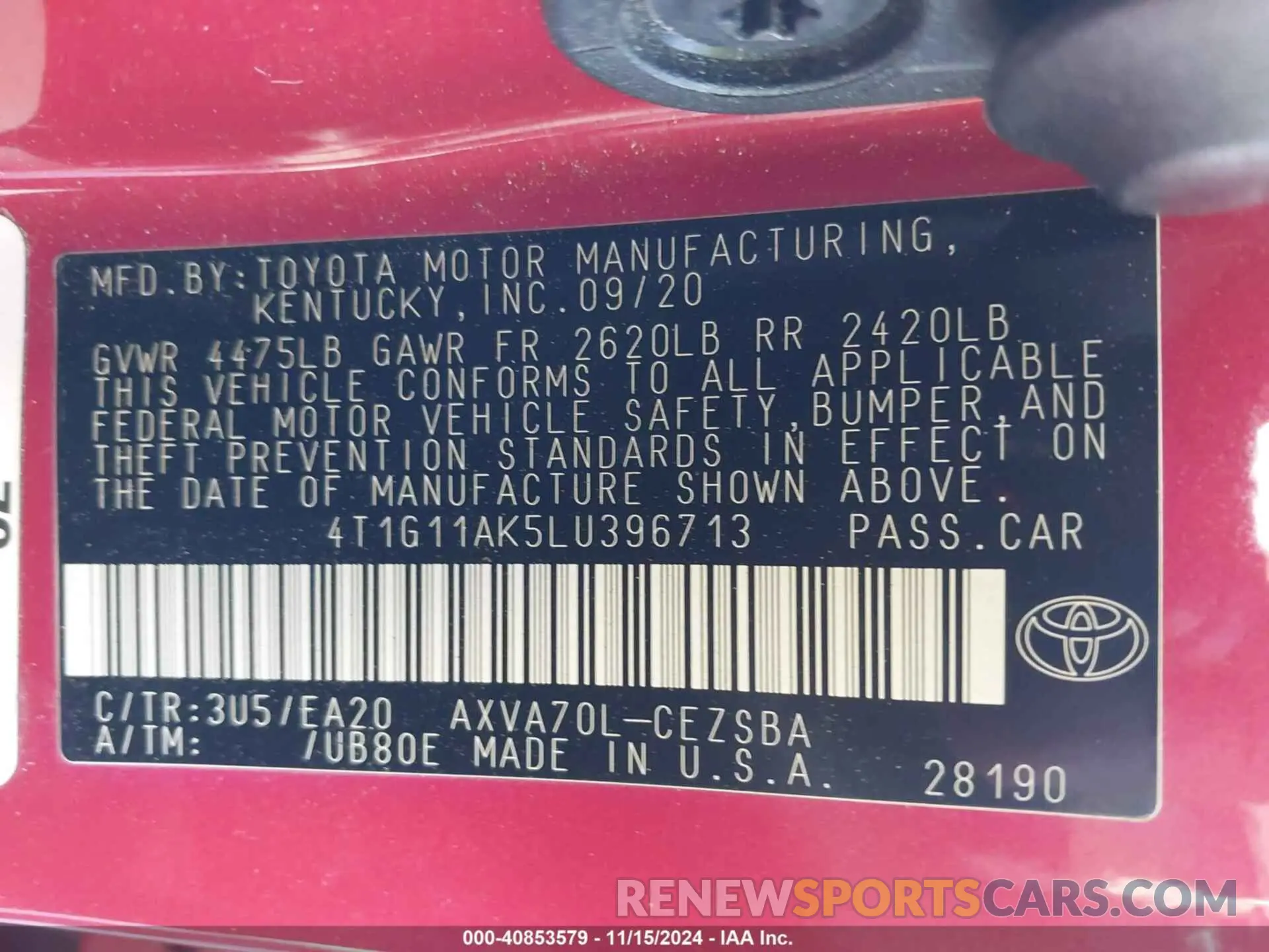 9 Photograph of a damaged car 4T1G11AK5LU396713 TOYOTA CAMRY 2020