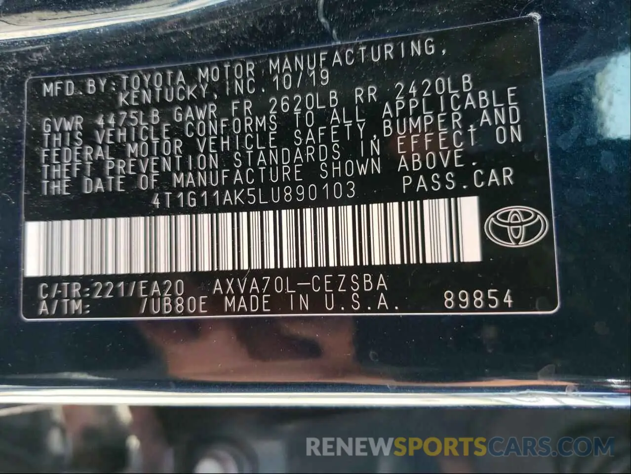 10 Photograph of a damaged car 4T1G11AK5LU890103 TOYOTA CAMRY 2020