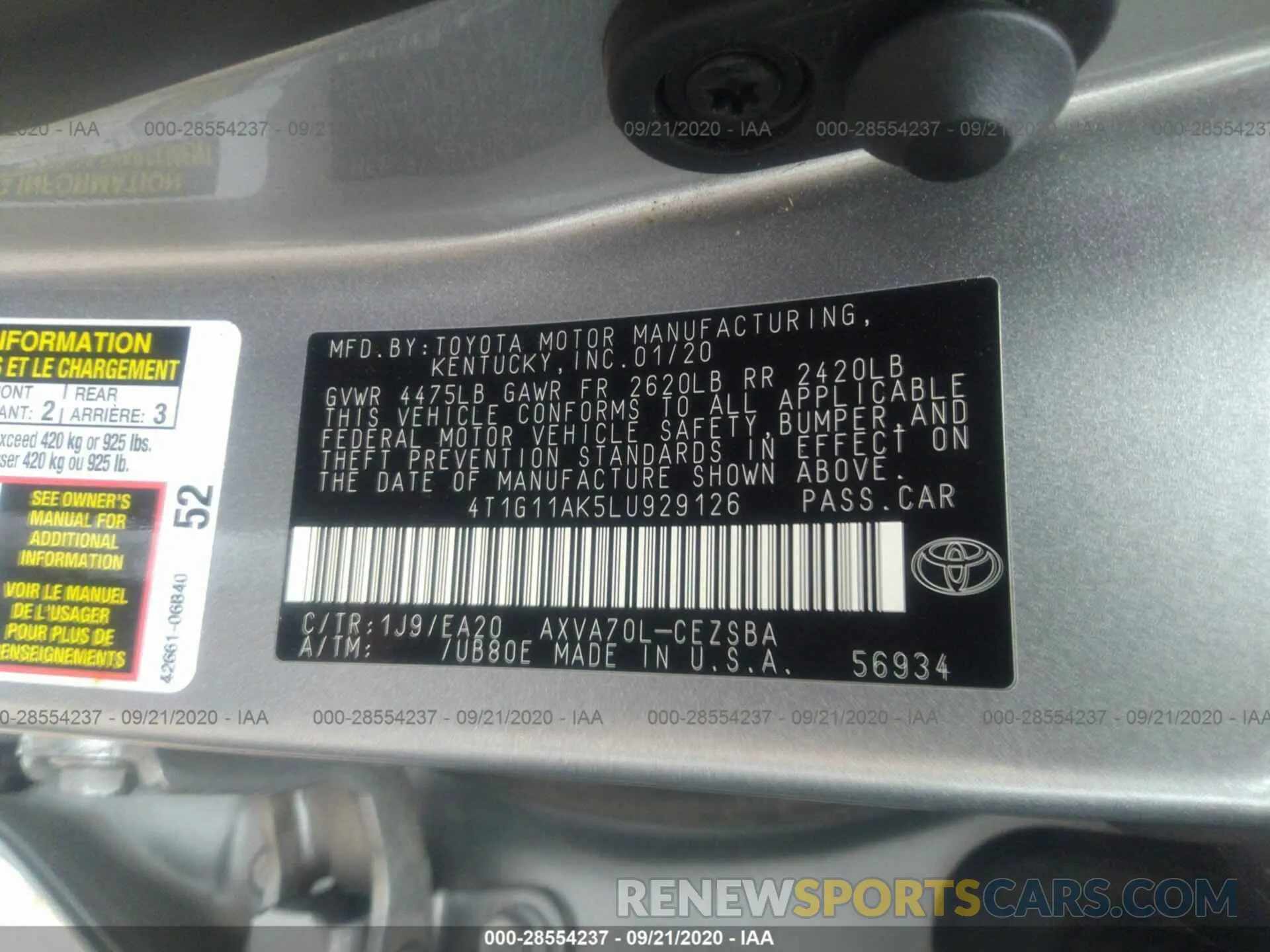 9 Photograph of a damaged car 4T1G11AK5LU929126 TOYOTA CAMRY 2020