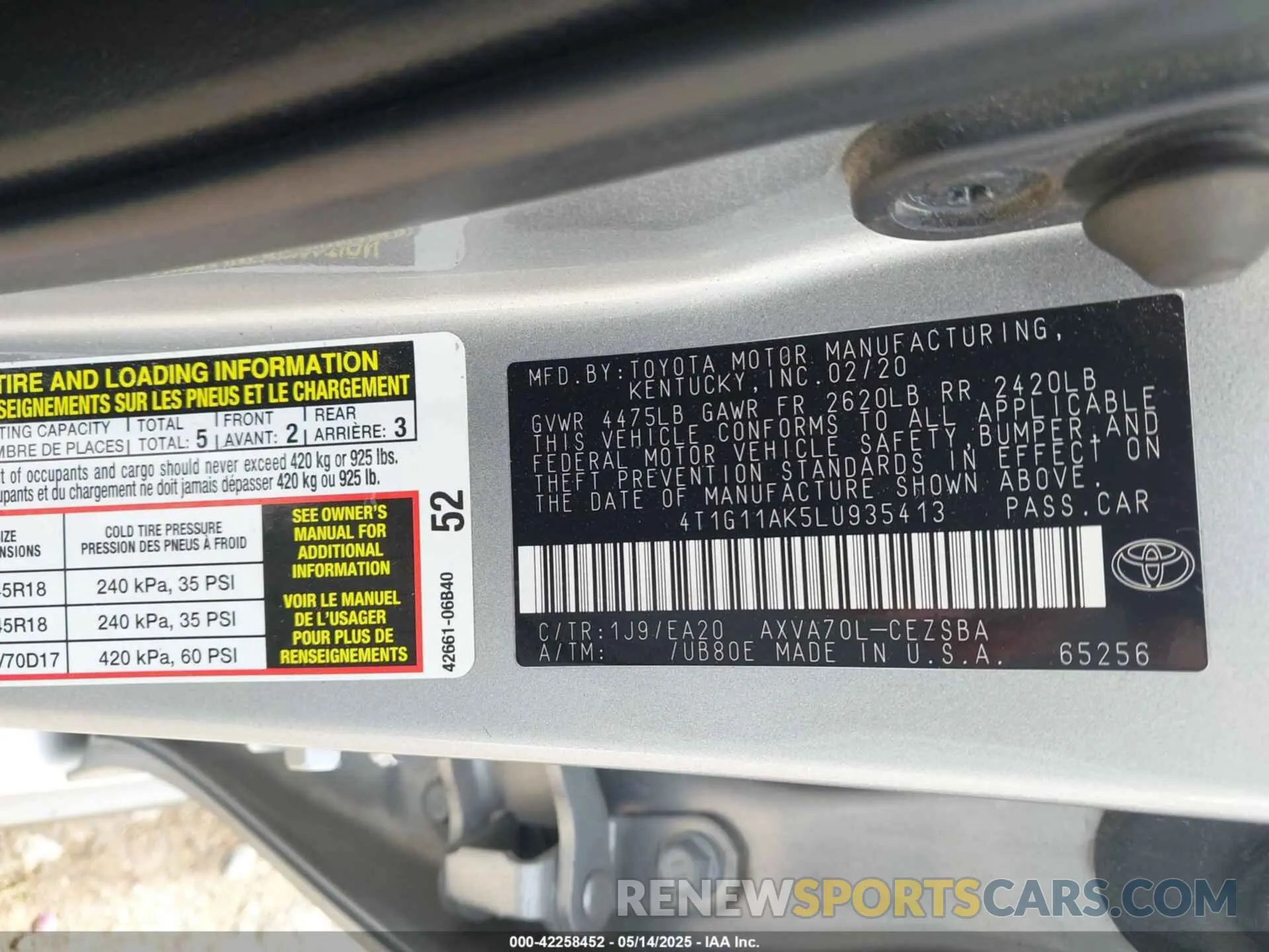 9 Photograph of a damaged car 4T1G11AK5LU935413 TOYOTA CAMRY 2020