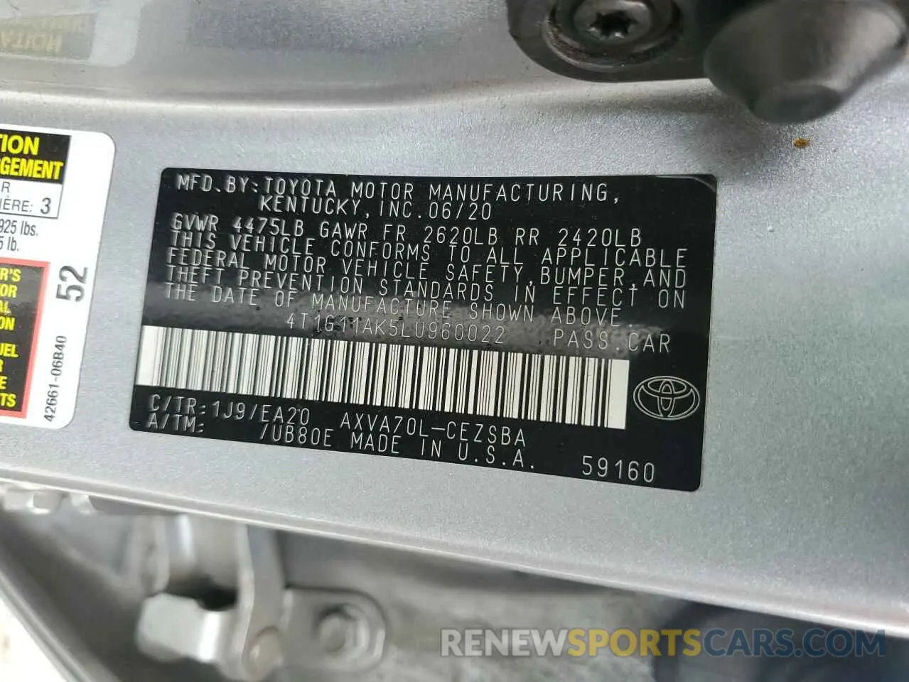 13 Фотография поврежденного автомобиля 4T1G11AK5LU960022 TOYOTA CAMRY 2020