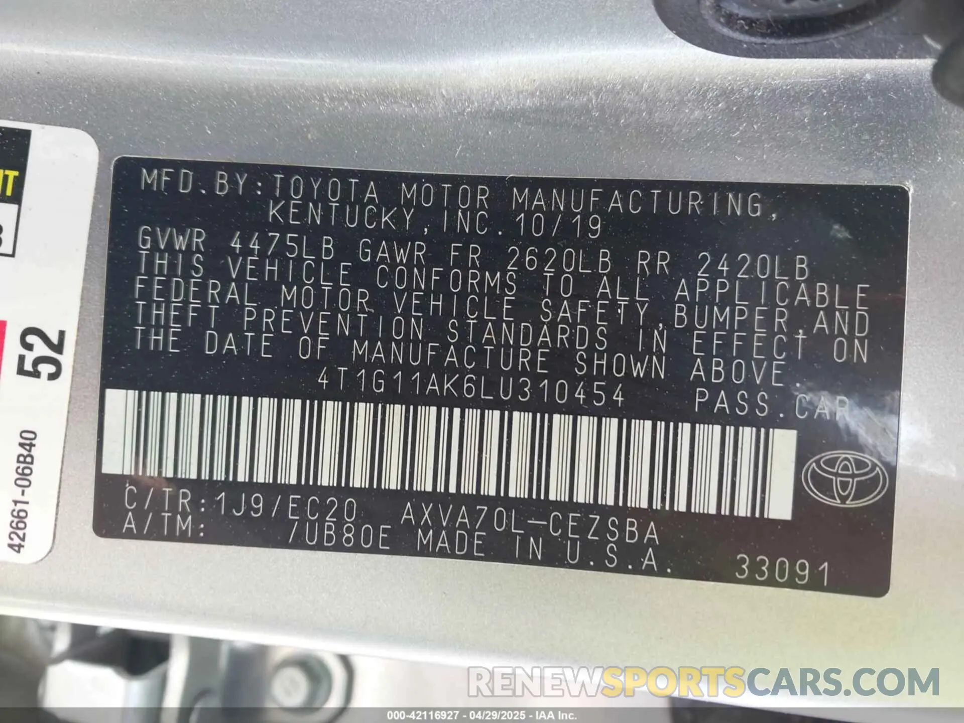 9 Photograph of a damaged car 4T1G11AK6LU310454 TOYOTA CAMRY 2020