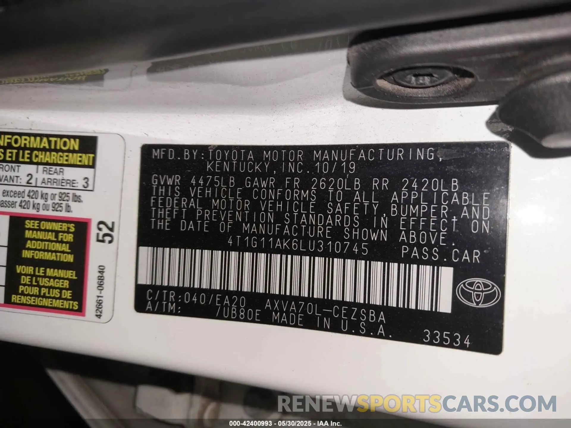 9 Photograph of a damaged car 4T1G11AK6LU310745 TOYOTA CAMRY 2020