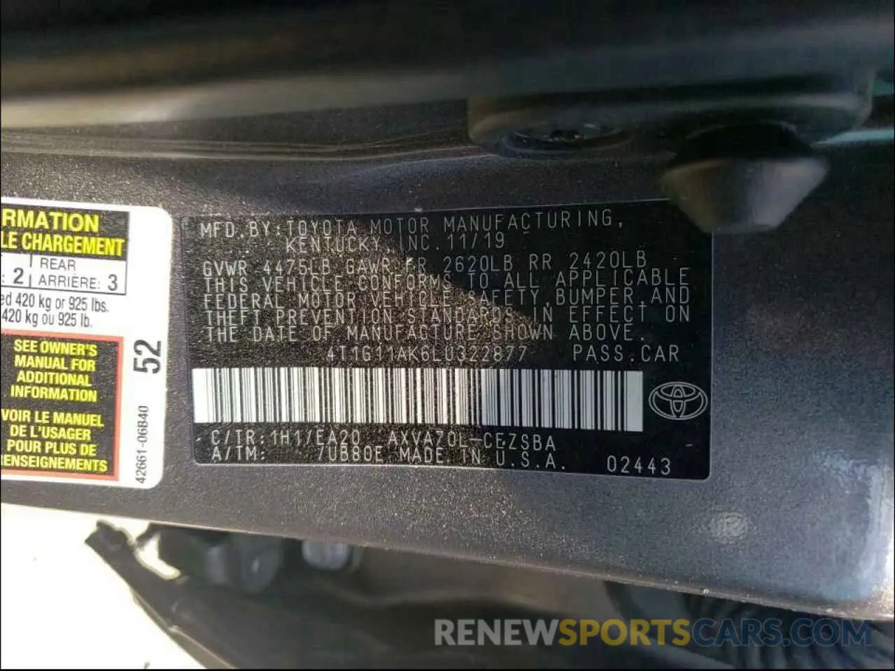 10 Photograph of a damaged car 4T1G11AK6LU322877 TOYOTA CAMRY 2020