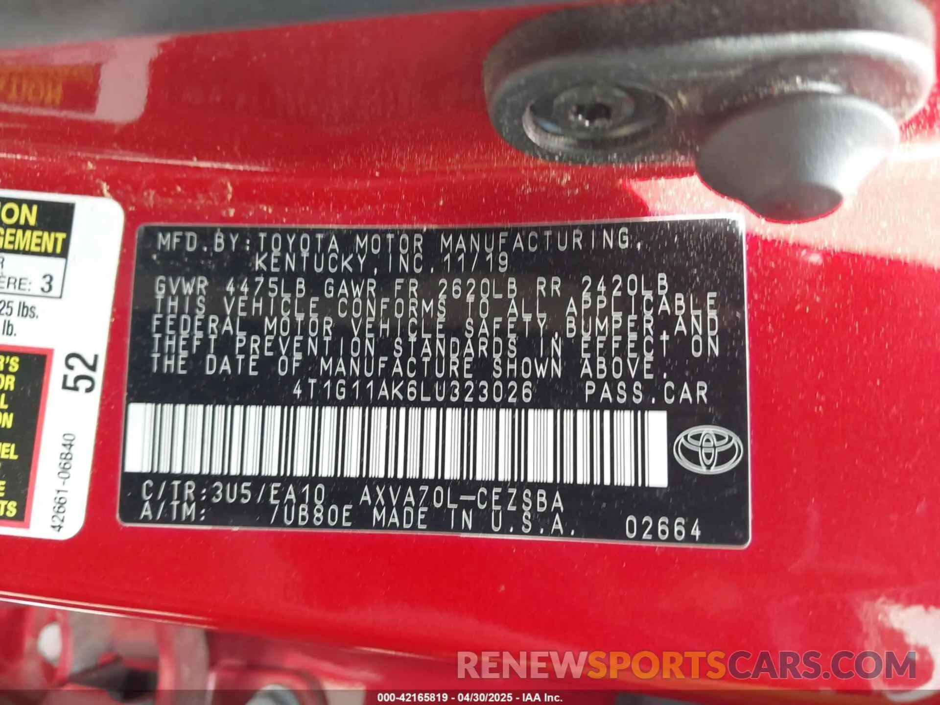 9 Photograph of a damaged car 4T1G11AK6LU323026 TOYOTA CAMRY 2020
