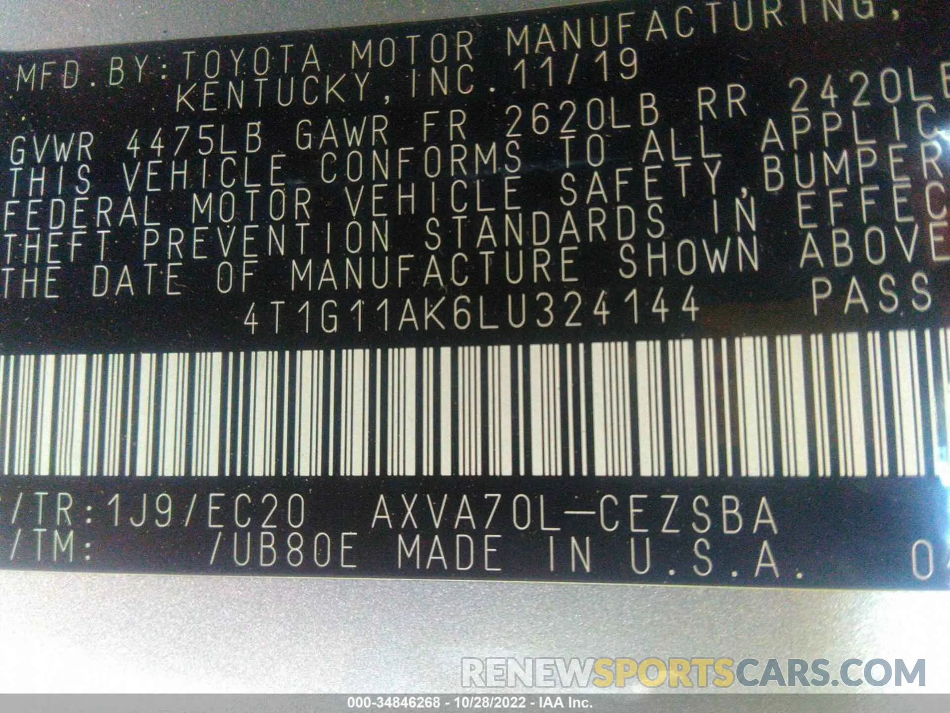9 Фотография поврежденного автомобиля 4T1G11AK6LU324144 TOYOTA CAMRY 2020