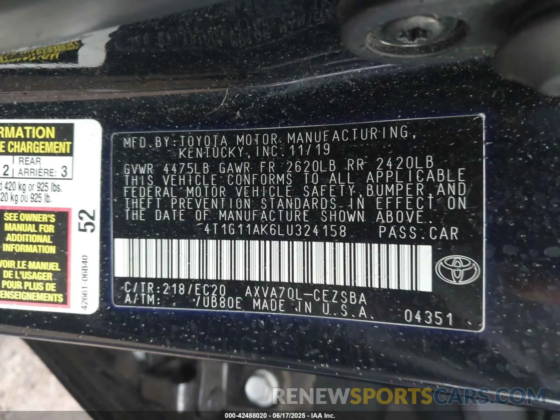 9 Photograph of a damaged car 4T1G11AK6LU324158 TOYOTA CAMRY 2020