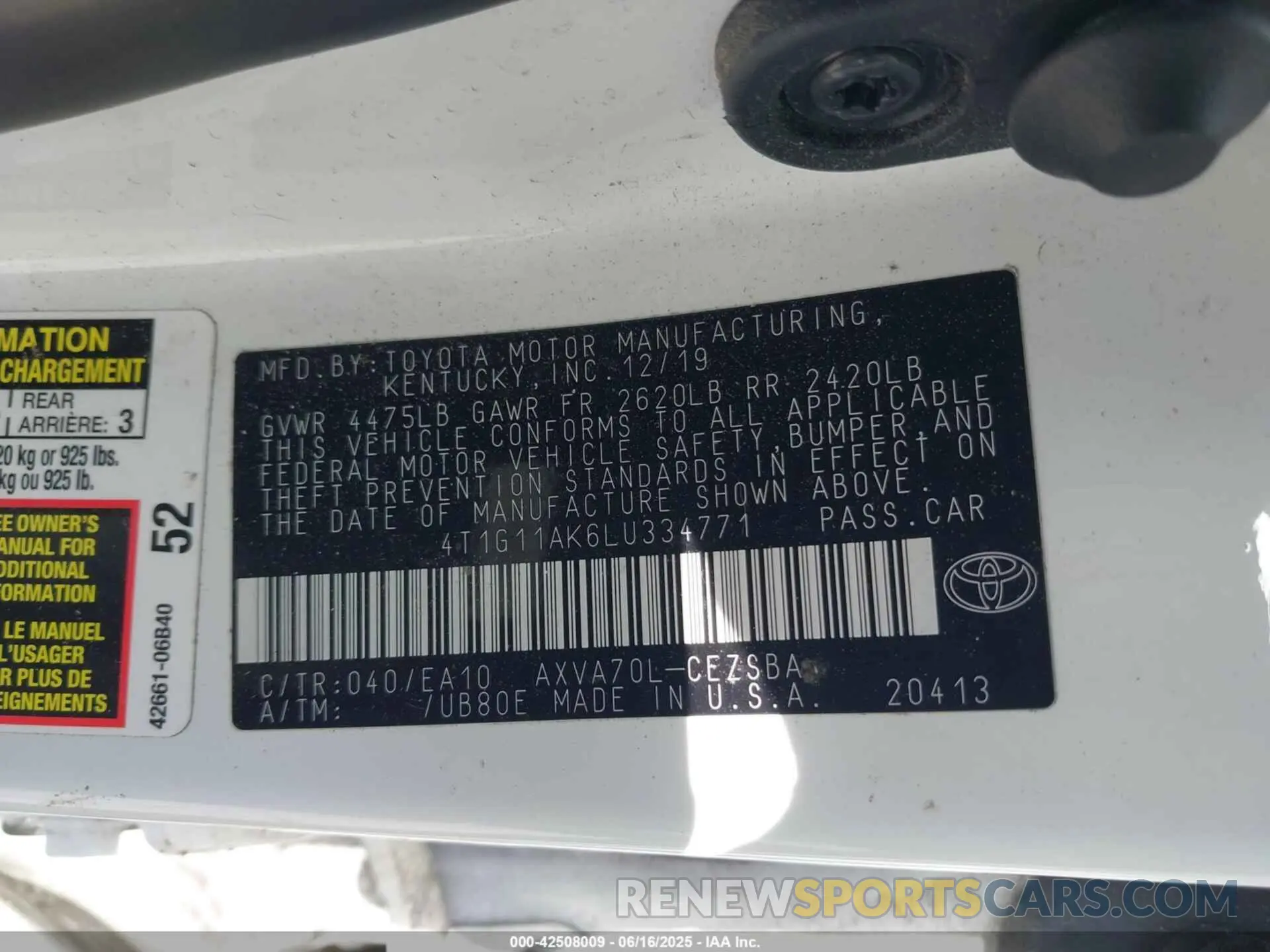 9 Фотография поврежденного автомобиля 4T1G11AK6LU334771 TOYOTA CAMRY 2020