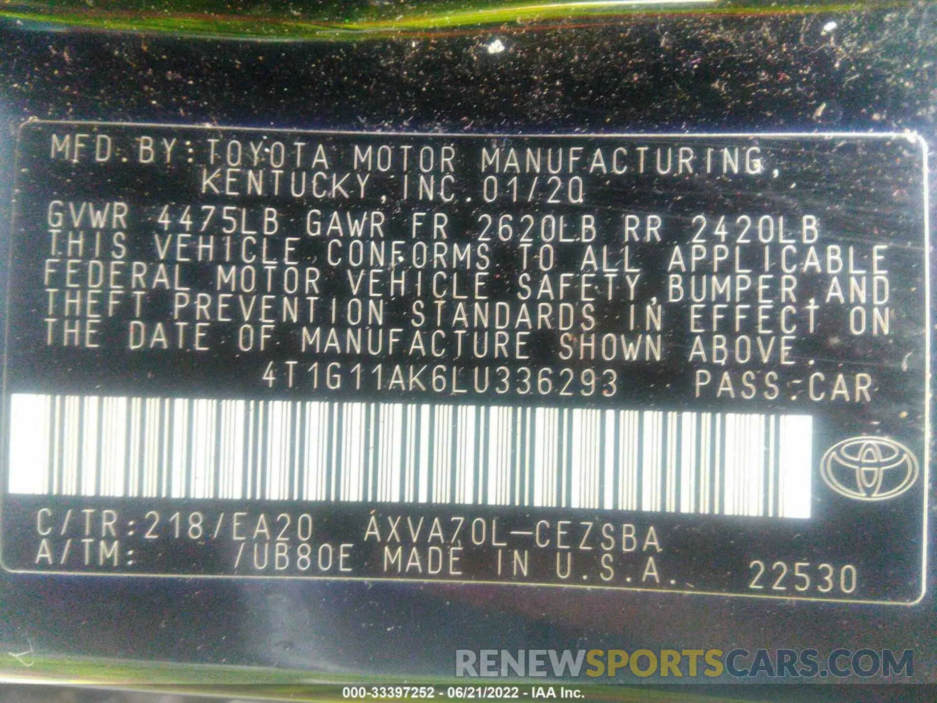 9 Photograph of a damaged car 4T1G11AK6LU336293 TOYOTA CAMRY 2020