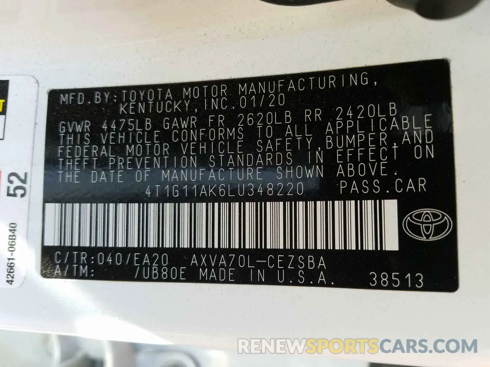 10 Фотография поврежденного автомобиля 4T1G11AK6LU348220 TOYOTA CAMRY 2020